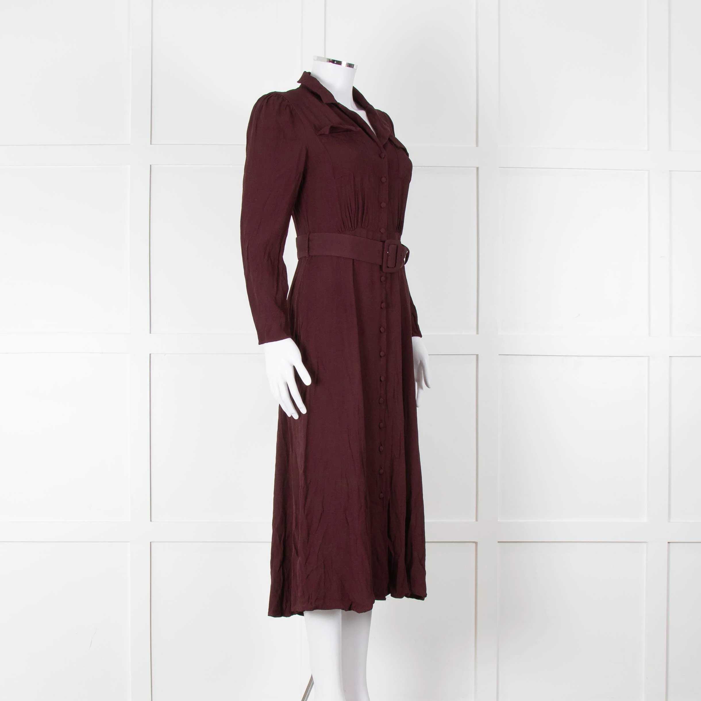 Ghost Burgundy Belted Button Up Long Sleeve Dress - Image 2