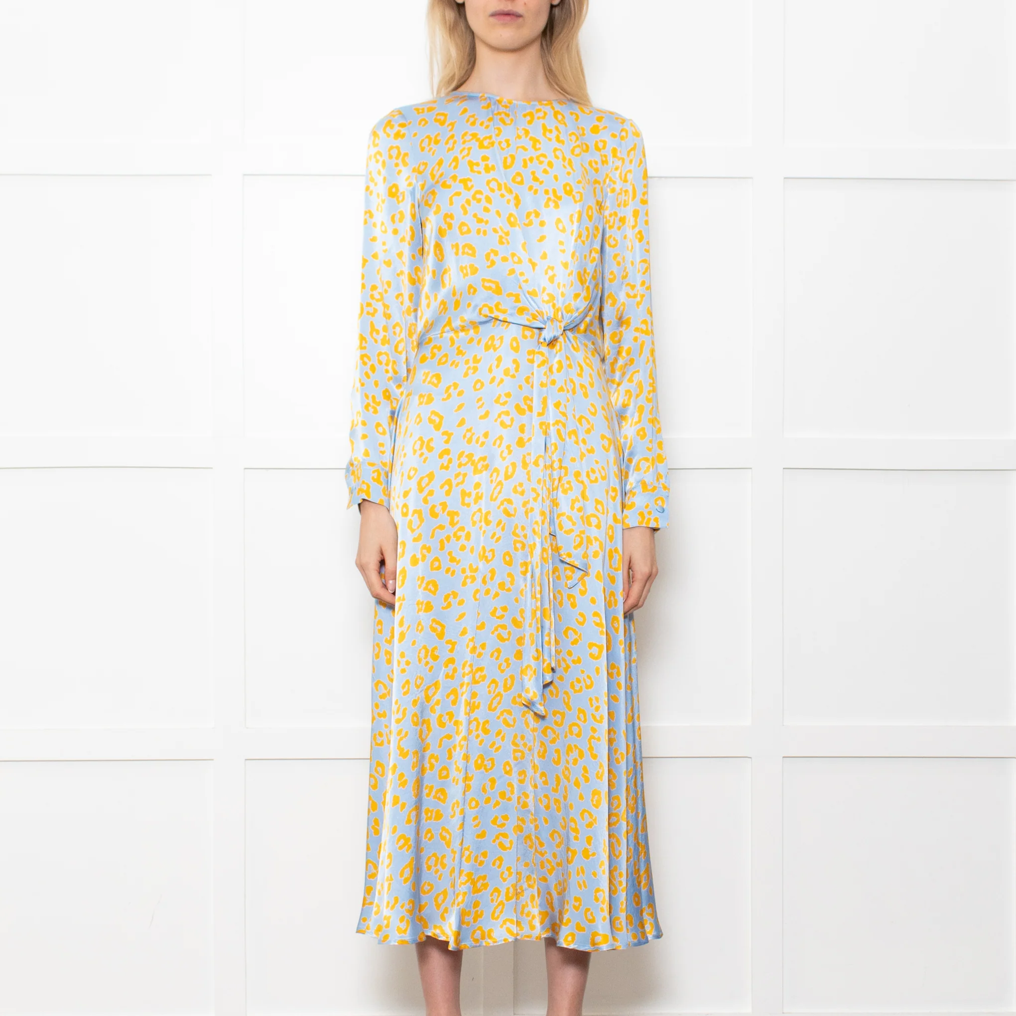 Ghost Blue With Yellow Leopard Print Front Knot Dress With Long Sleeves - Image 2