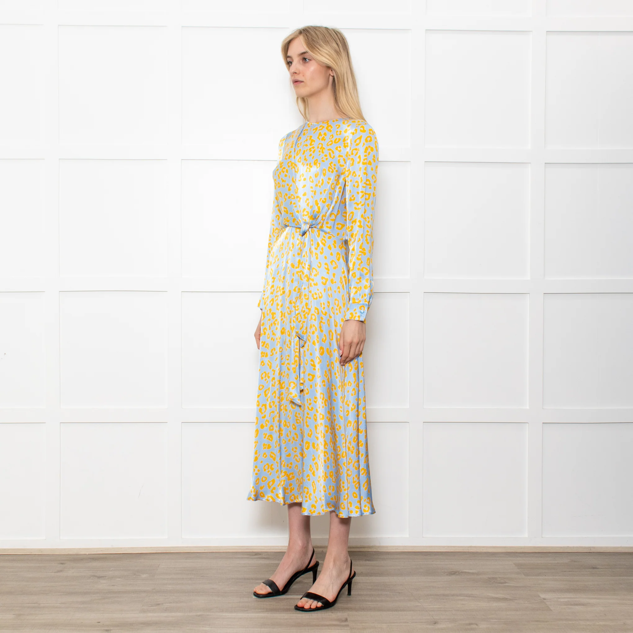 Ghost Blue With Yellow Leopard Print Front Knot Dress With Long Sleeves - Image 3