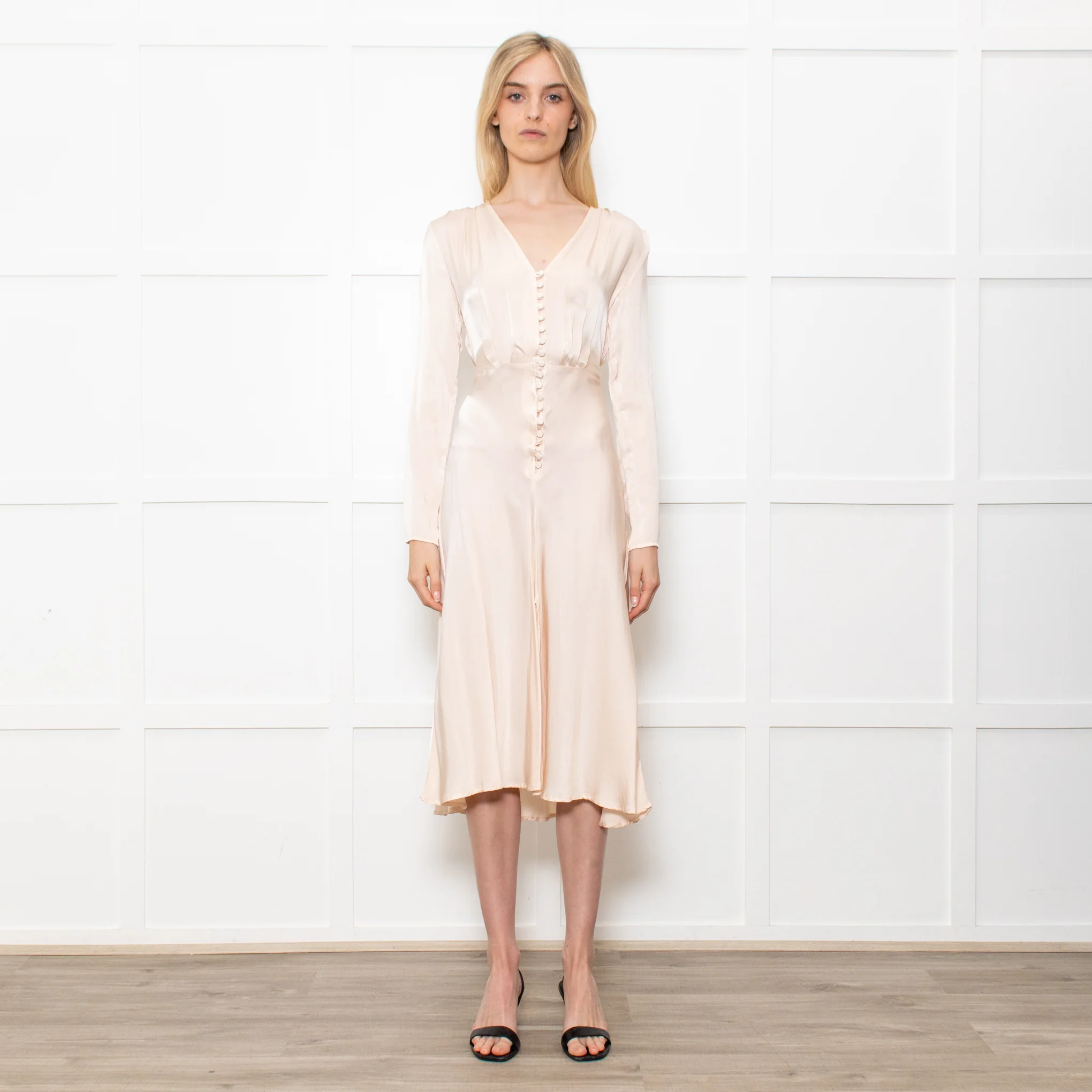Ghost Midi Champagne Button Front Dress With Long Sleeves