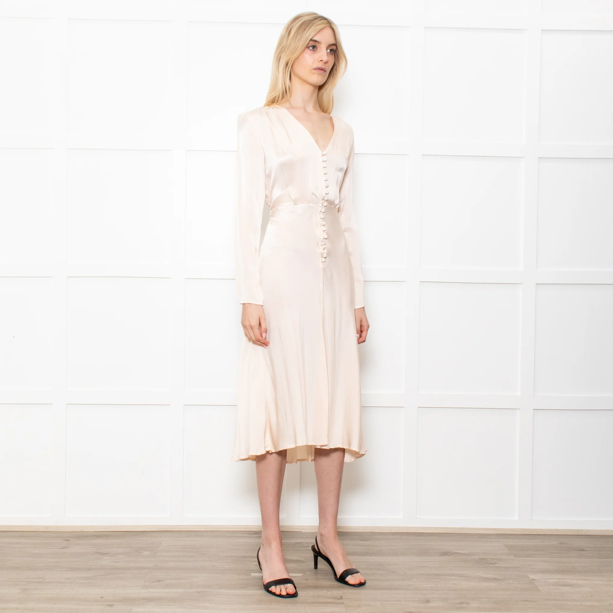 Ghost Midi Champagne Button Front Dress With Long Sleeves - Image 7