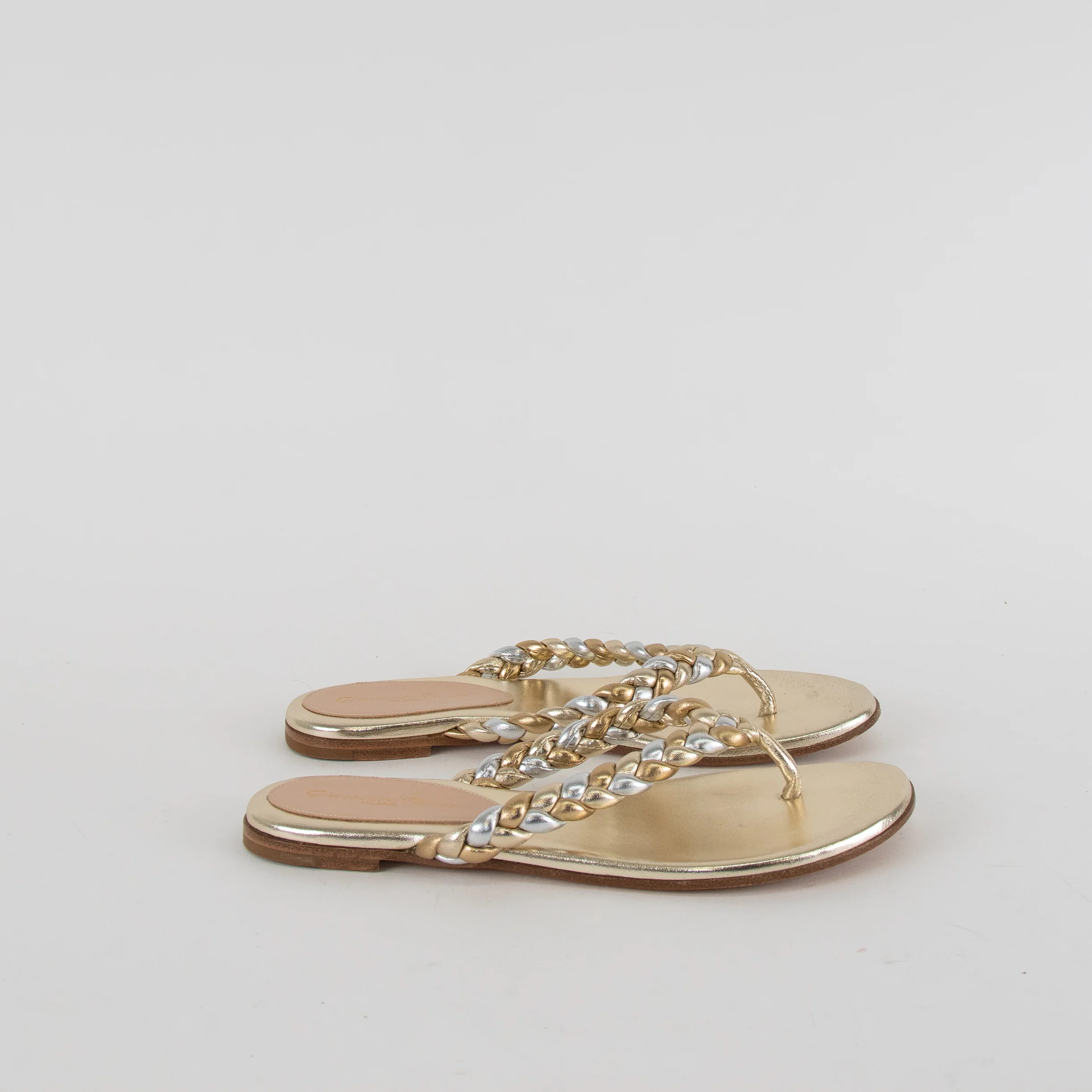 Gianvito Rossi Gold Braided Leather Flat Flip Flops - Image 5