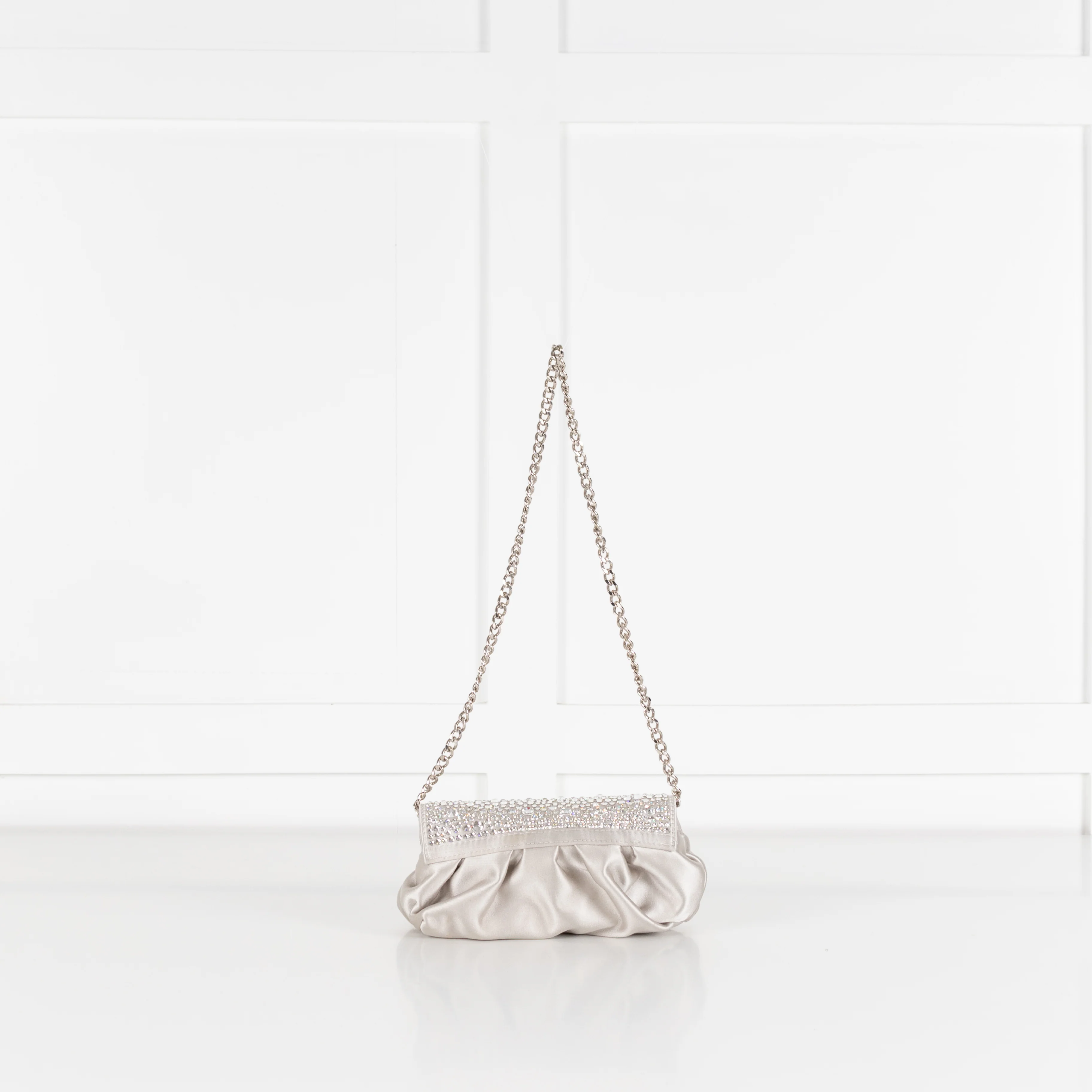 Gina Silver Satin Crystal Embellished Small Evening Bag - Image 3