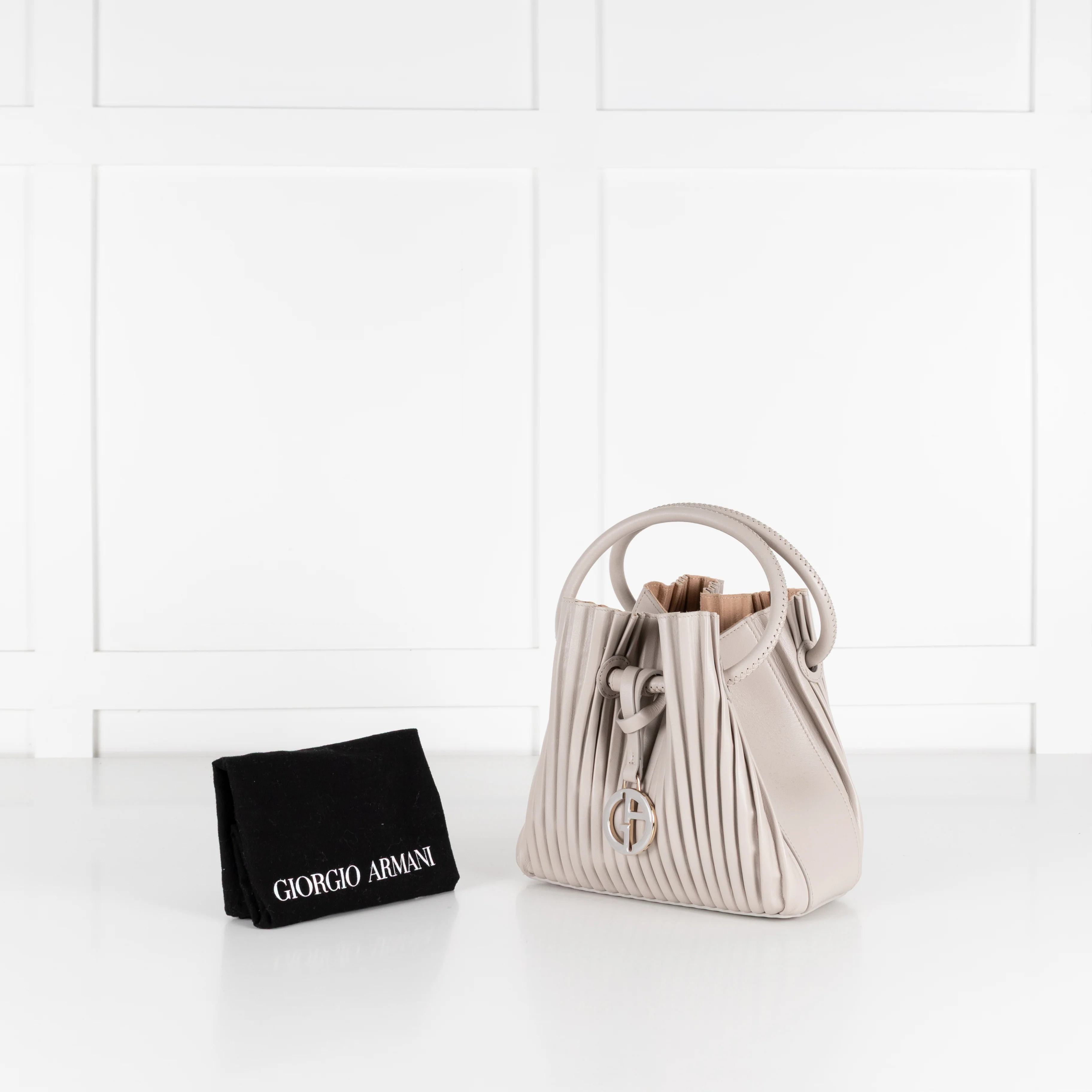 Giorgio Armani Light Grey Pleated Leather Bucket Bag - Image 3