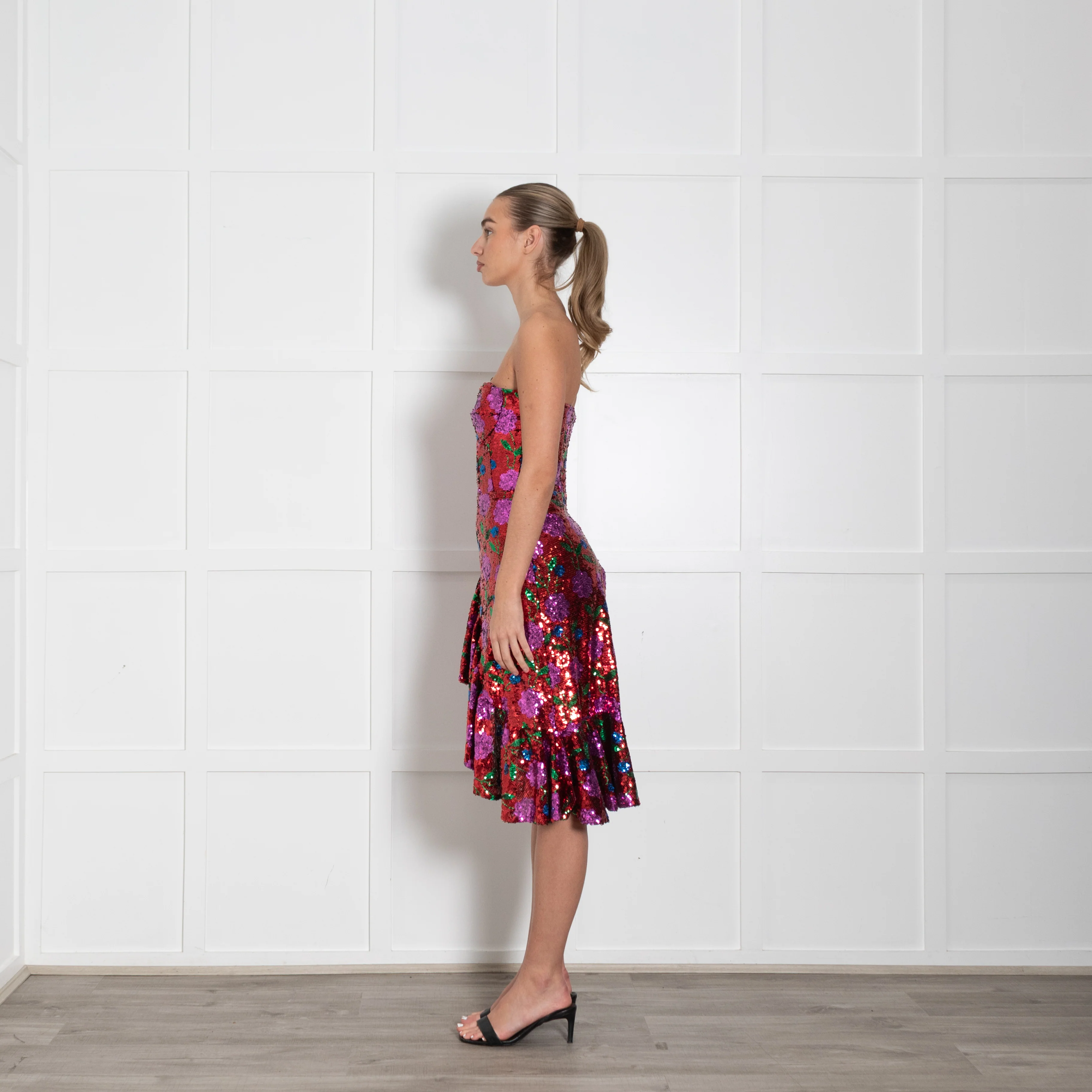Giuseppe Di Morabito Red Multi Colour Floral Sequin Strapless Dress - Image 4