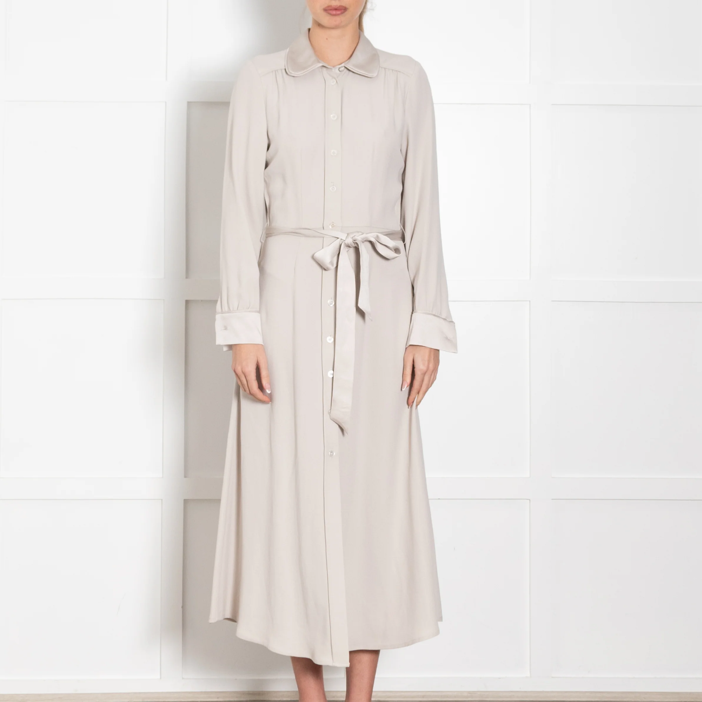 Goat Beige Belted Long Sleeve Button Up Midi Dress - Image 2