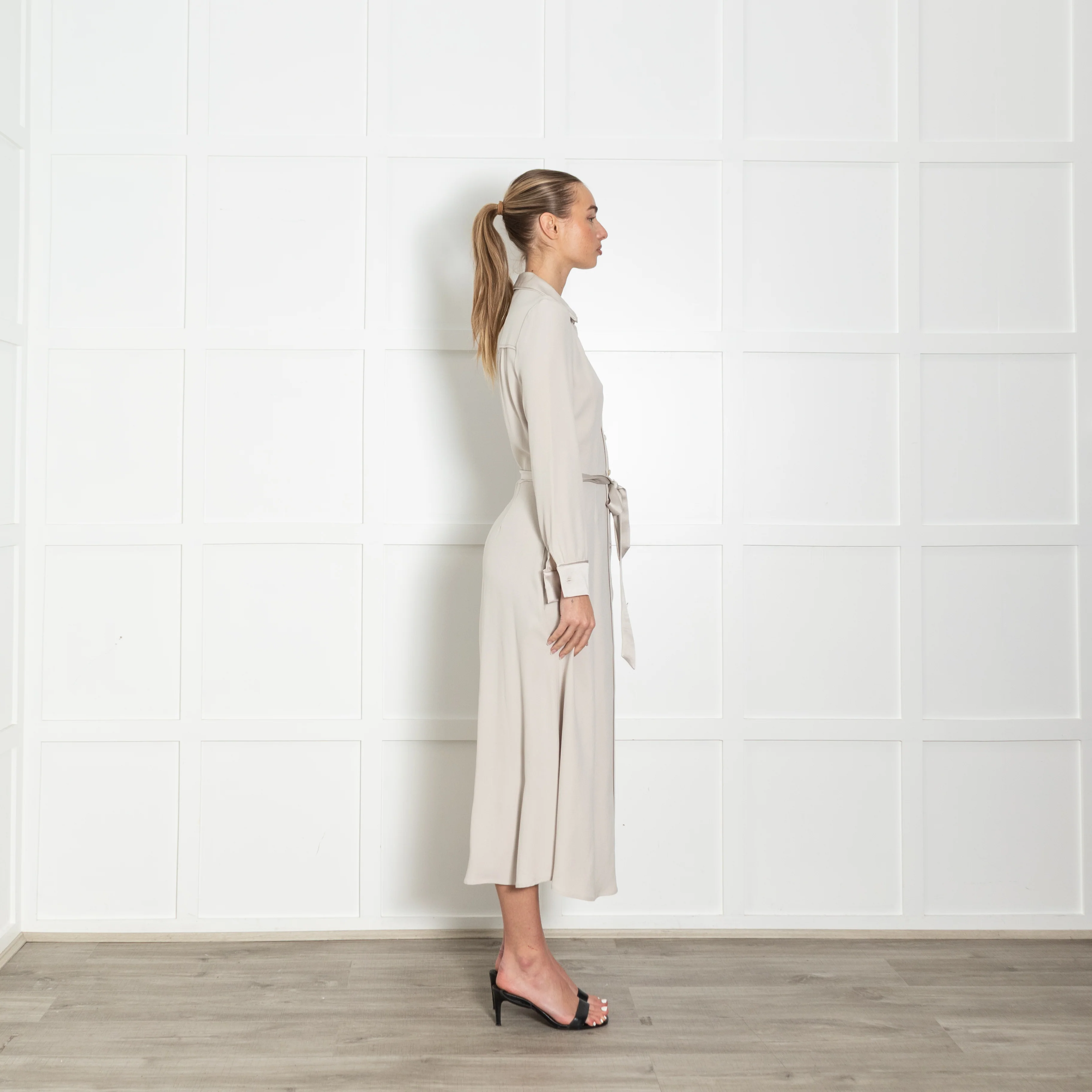 Goat Beige Belted Long Sleeve Button Up Midi Dress - Image 6