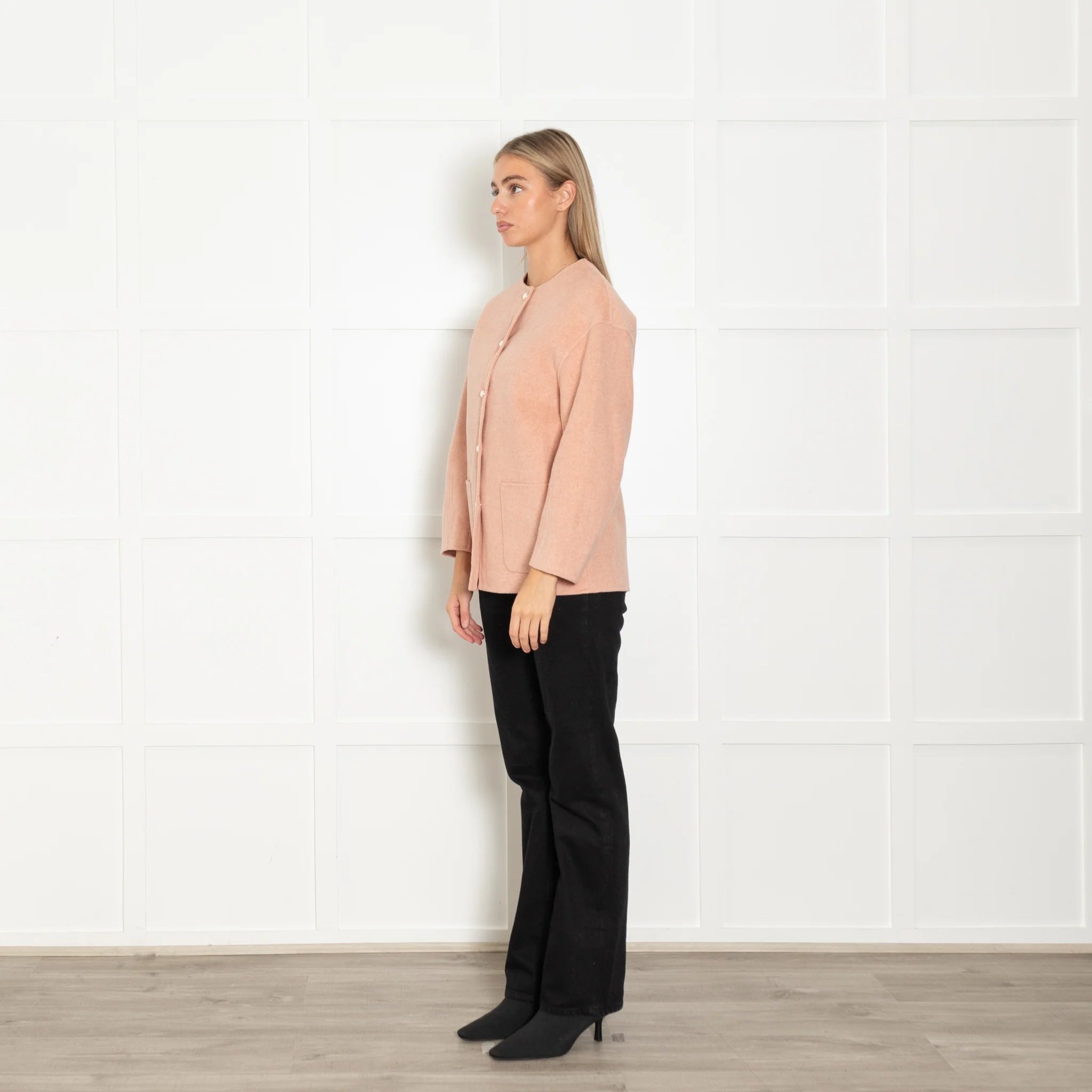 Goelia Pink Pearl Button Collarless Jacket - Image 3