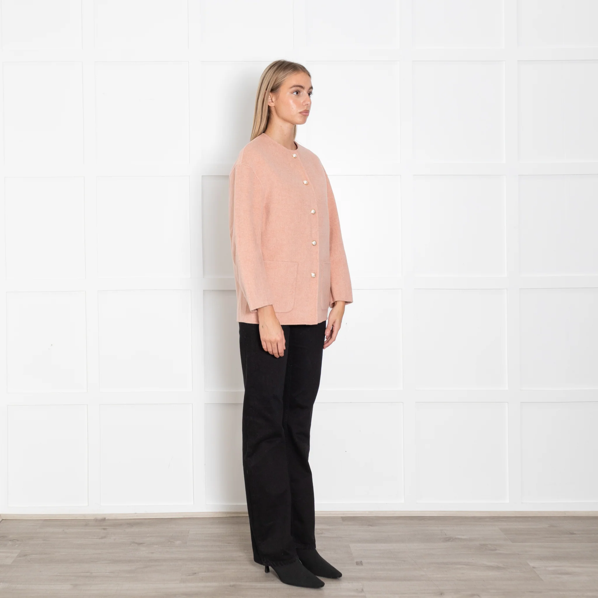 Goelia Pink Pearl Button Collarless Jacket - Image 7