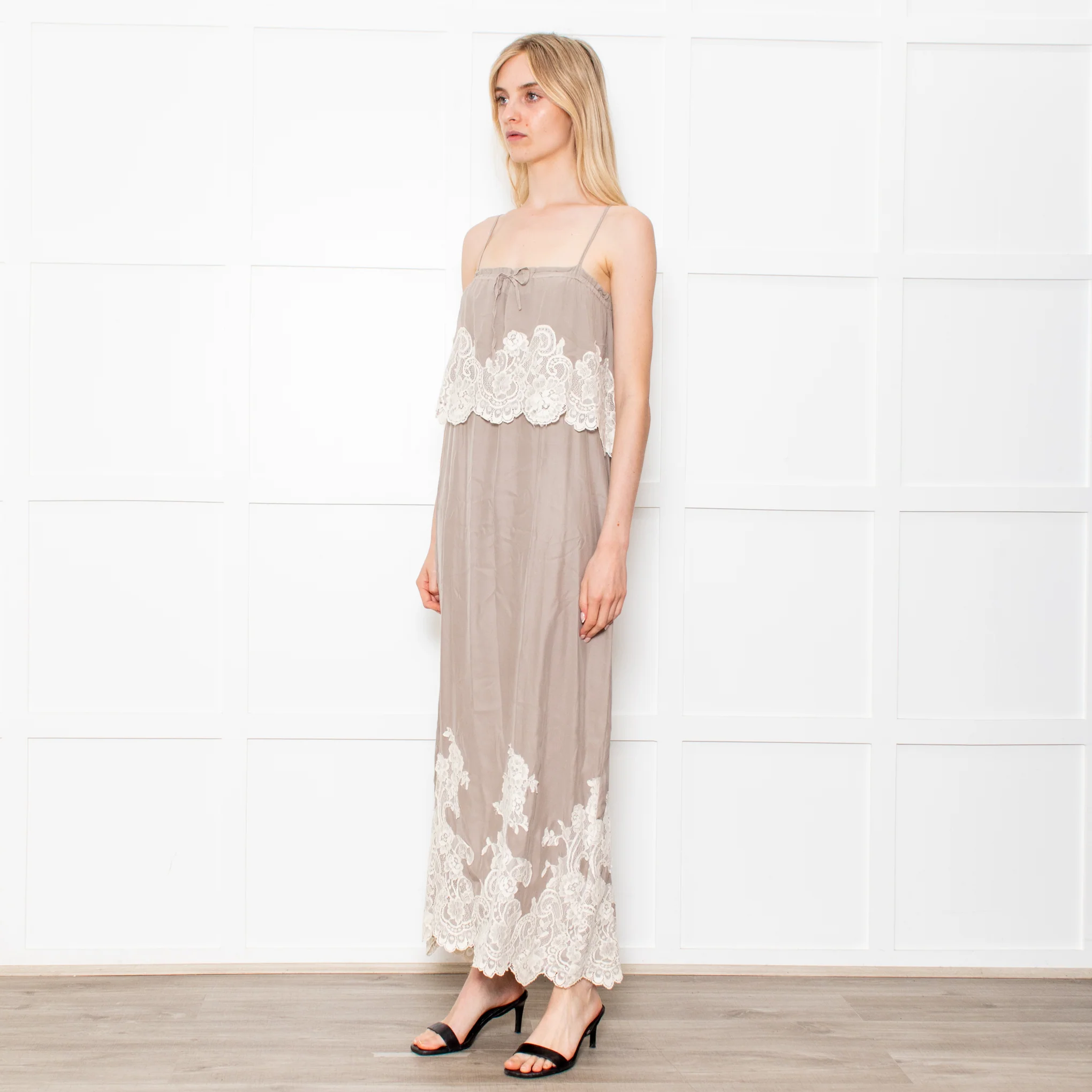 Gold Hawk Taupe 100% Silk Strappy Dress With Cream Lace Detail - Image 3