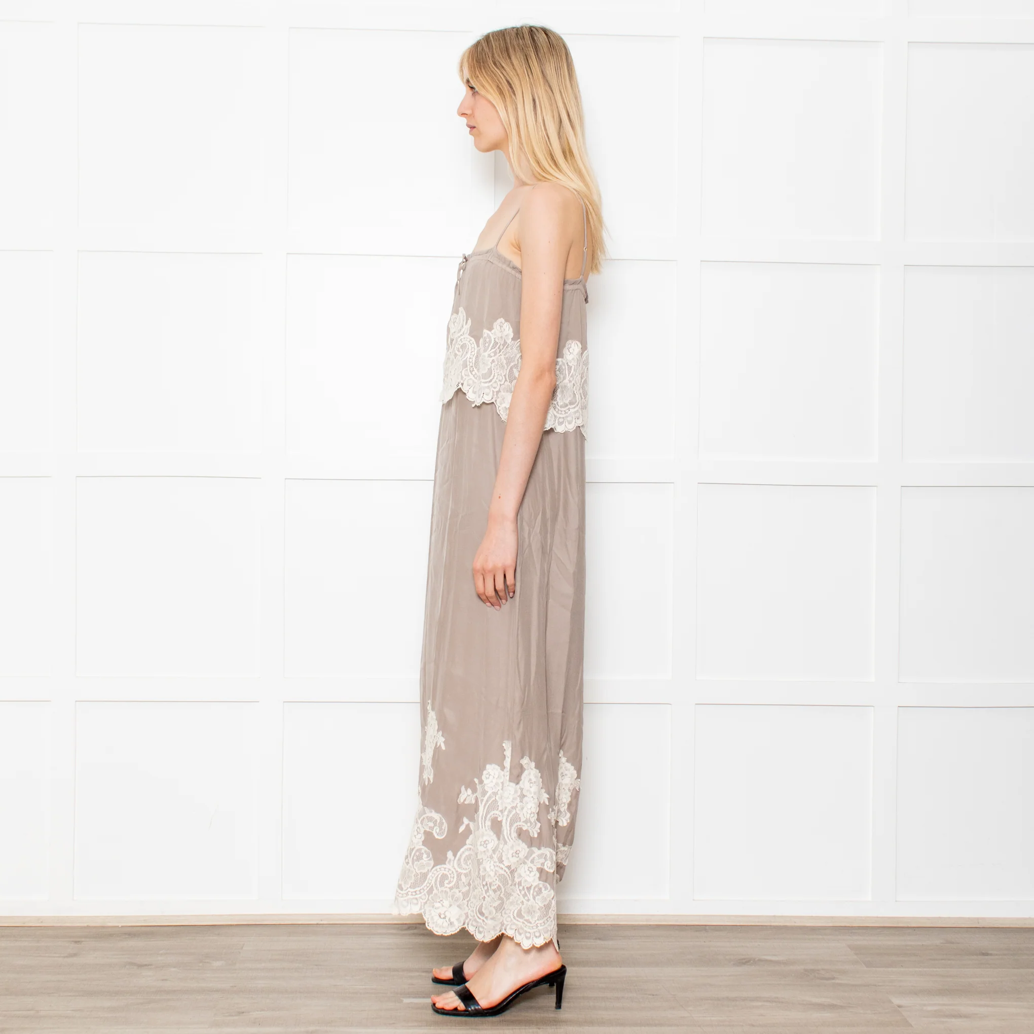 Gold Hawk Taupe 100% Silk Strappy Dress With Cream Lace Detail - Image 4