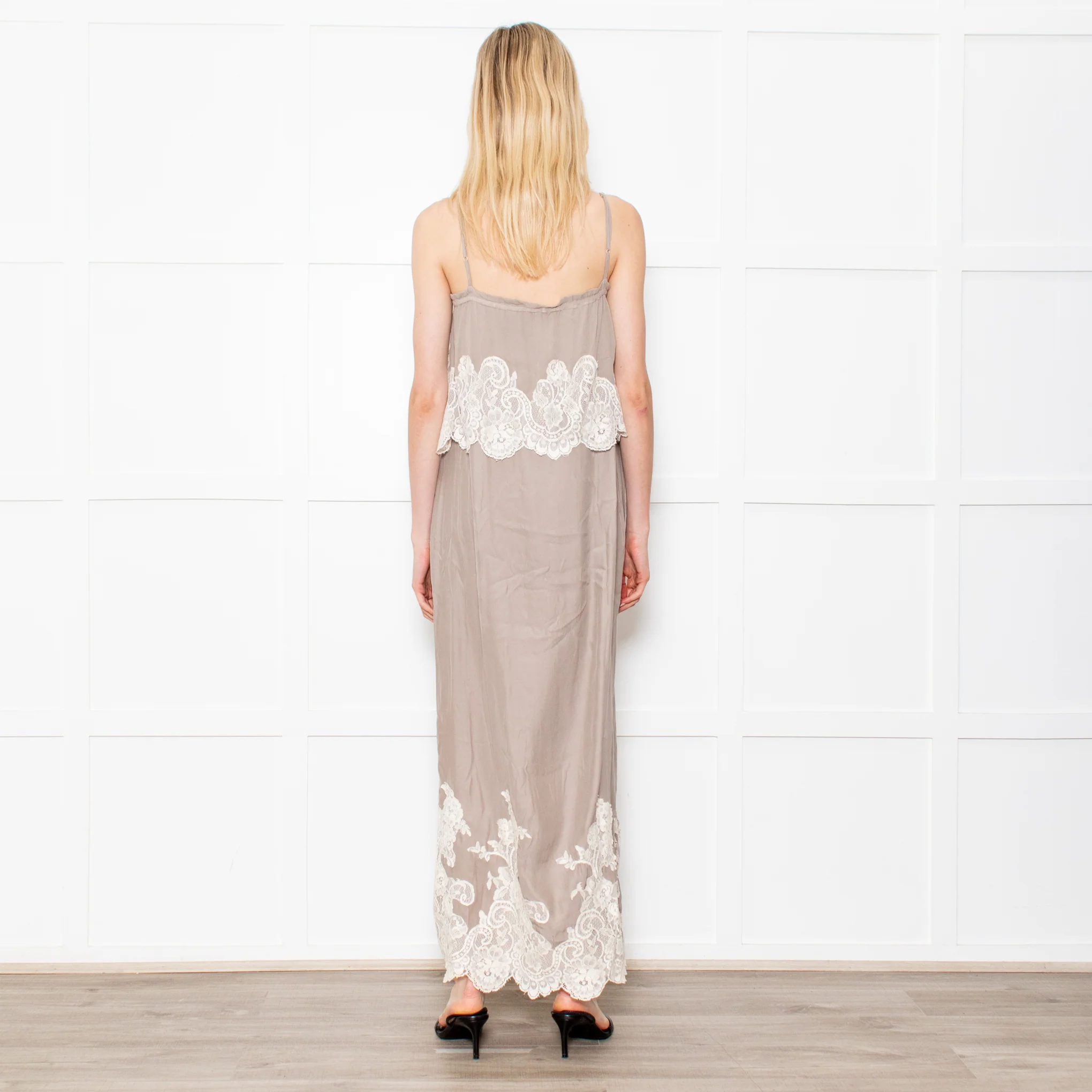 Gold Hawk Taupe 100% Silk Strappy Dress With Cream Lace Detail - Image 5