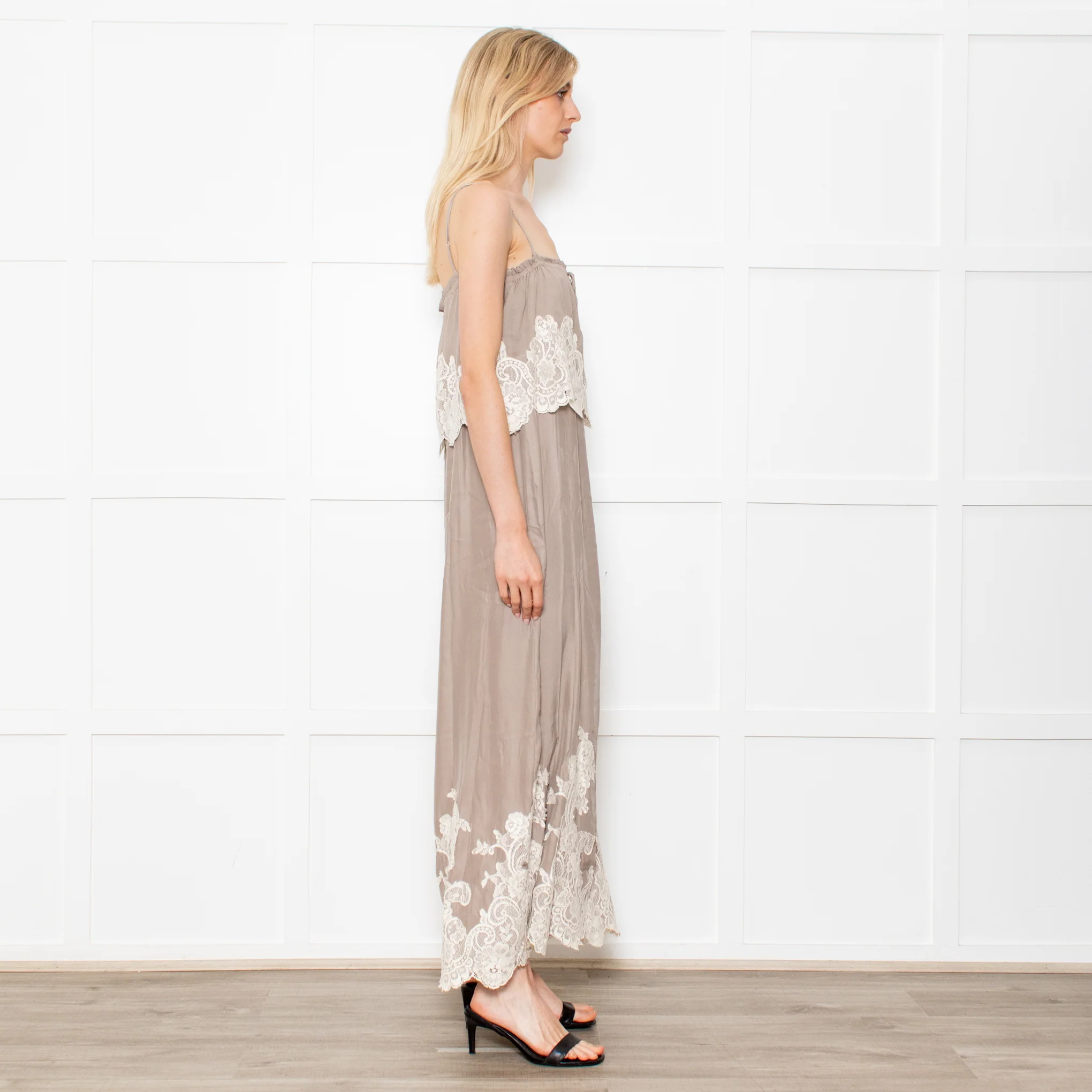 Gold Hawk Taupe 100% Silk Strappy Dress With Cream Lace Detail - Image 6