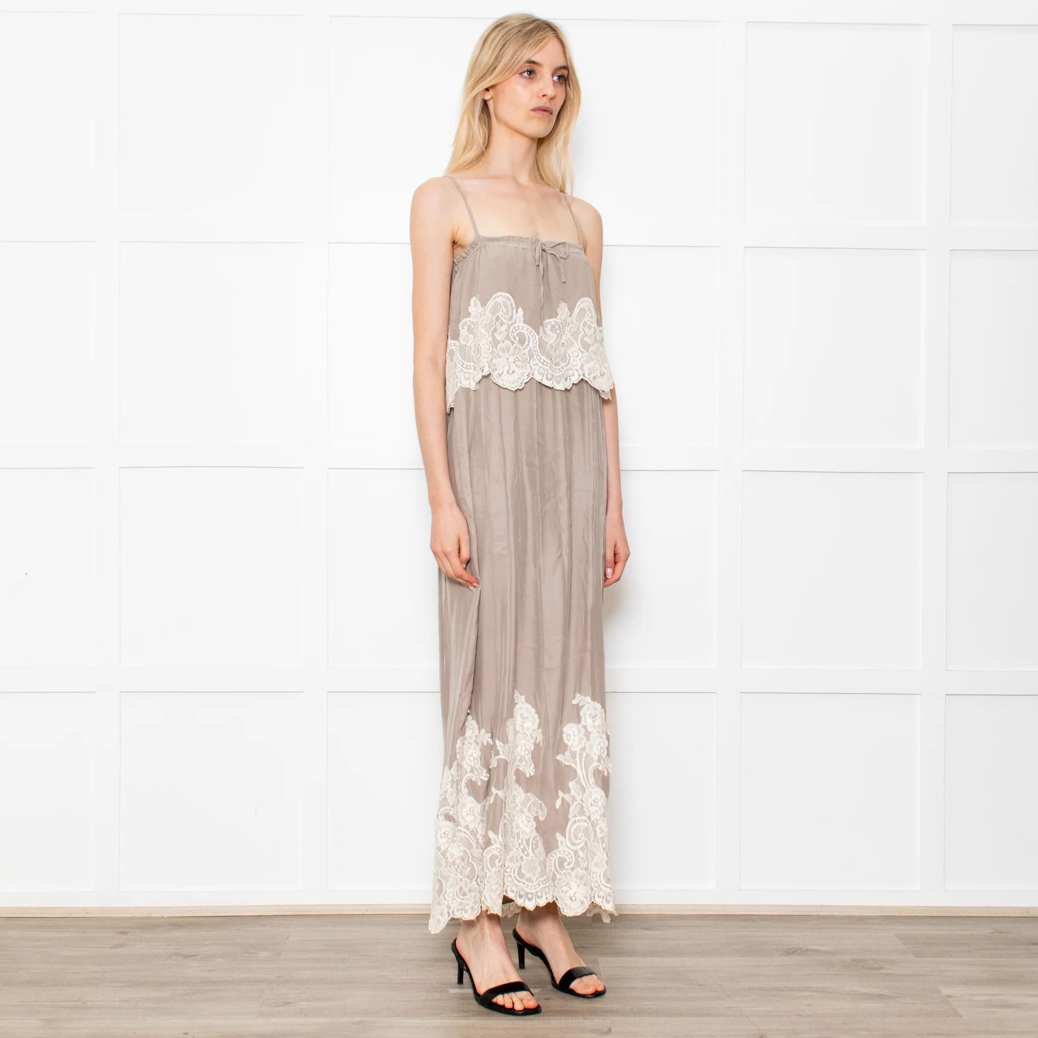 Gold Hawk Taupe 100% Silk Strappy Dress With Cream Lace Detail - Image 7