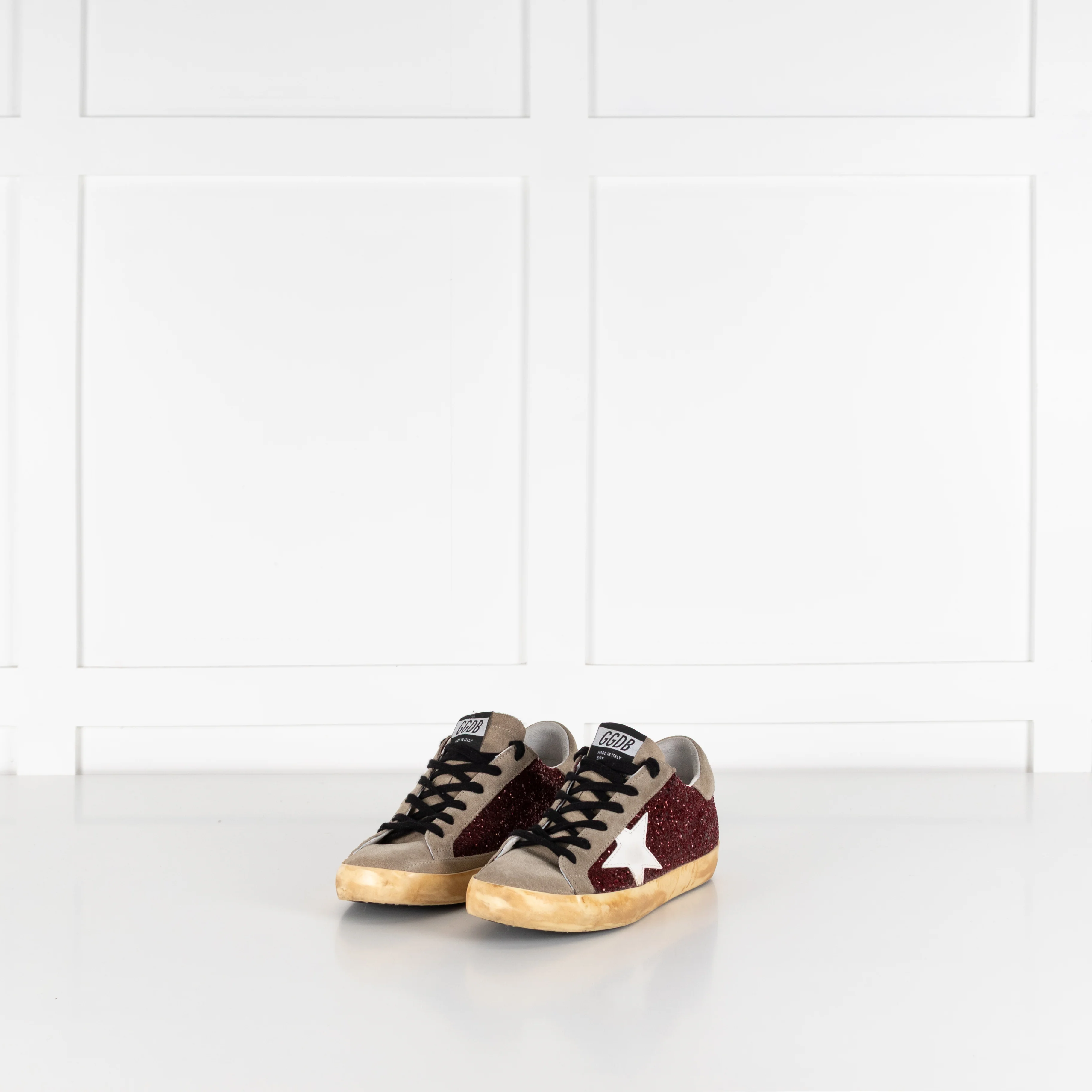 Golden Goose Super-Star Beige And Burgundy Sparkle Trainer