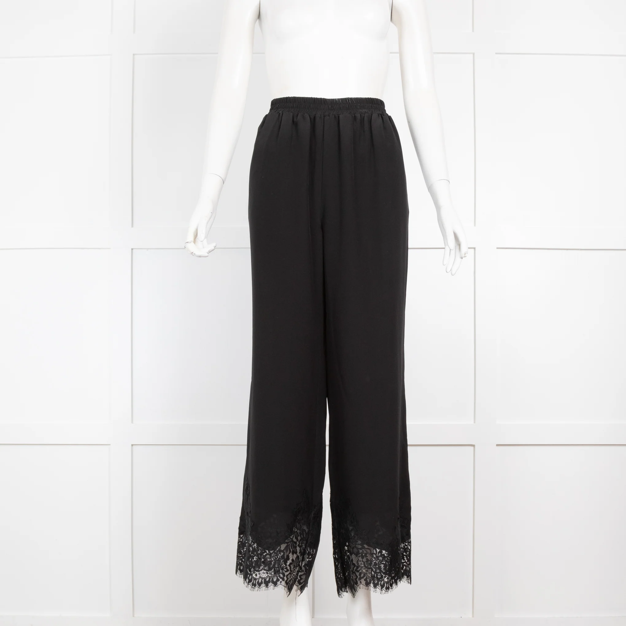Goldhawk Black Silk Wide Leg Trousers With Eyelash Lace Hem