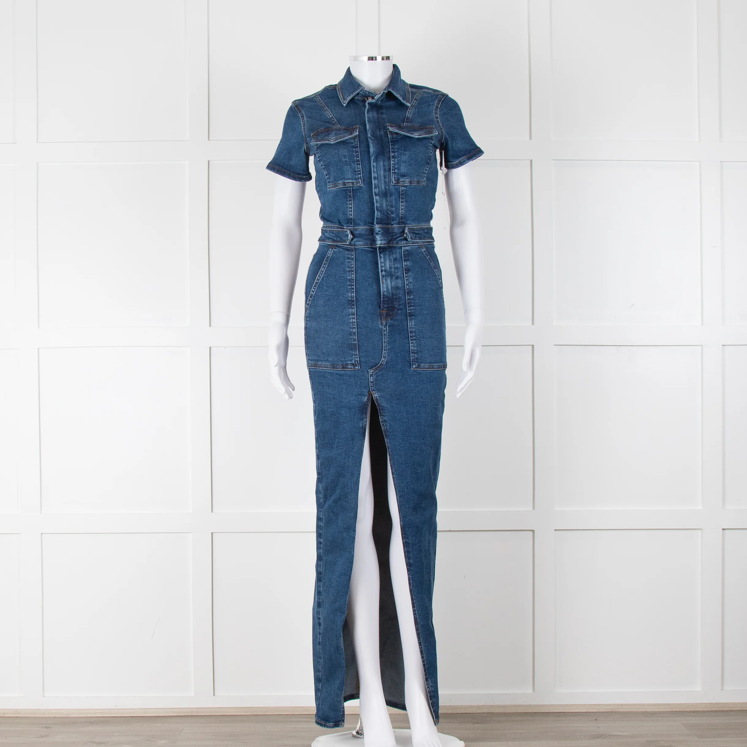 Good American Blue Denim Fit For Success Short Sleeve Dress
