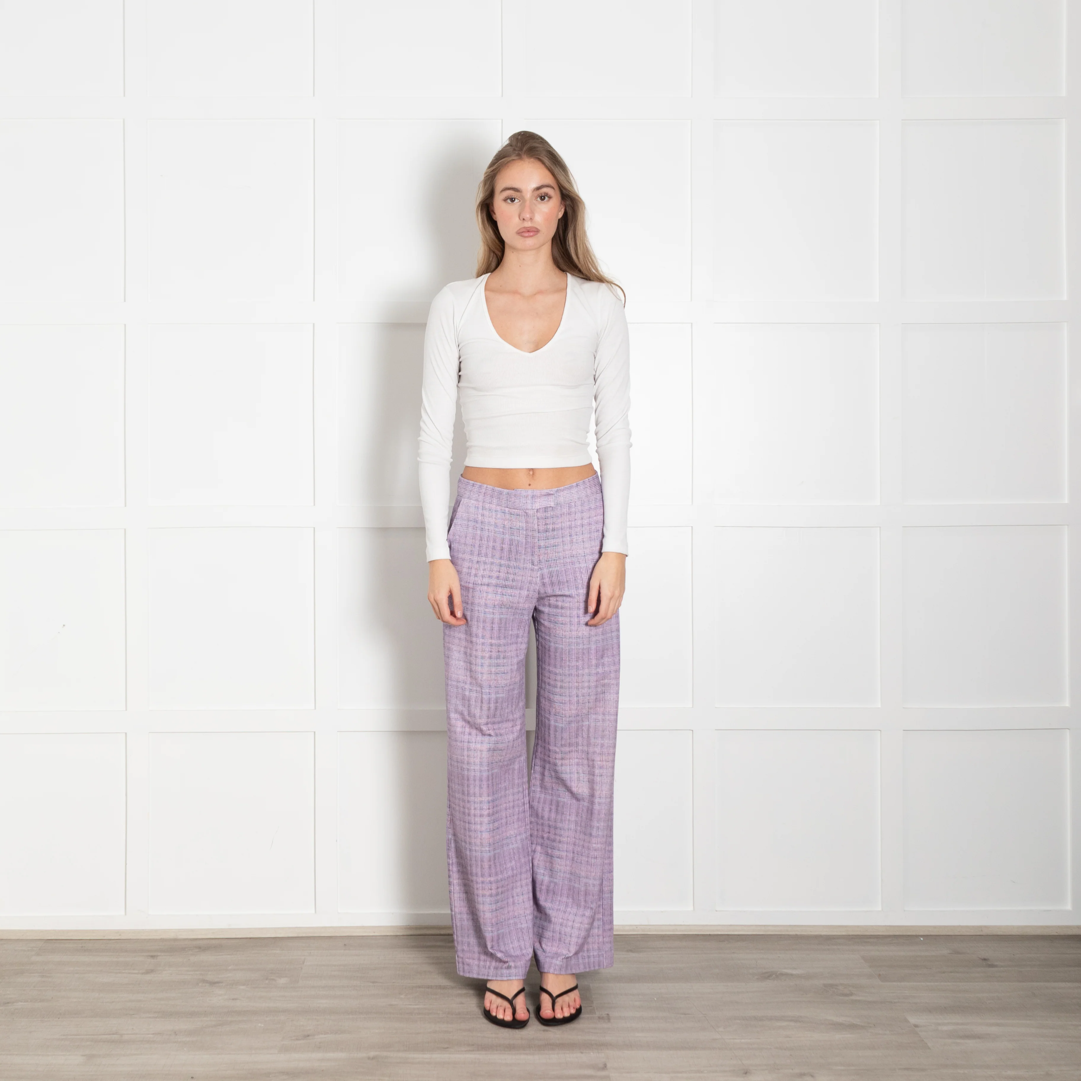 Goodmatch Lilac Check Jersey Flared Trousers