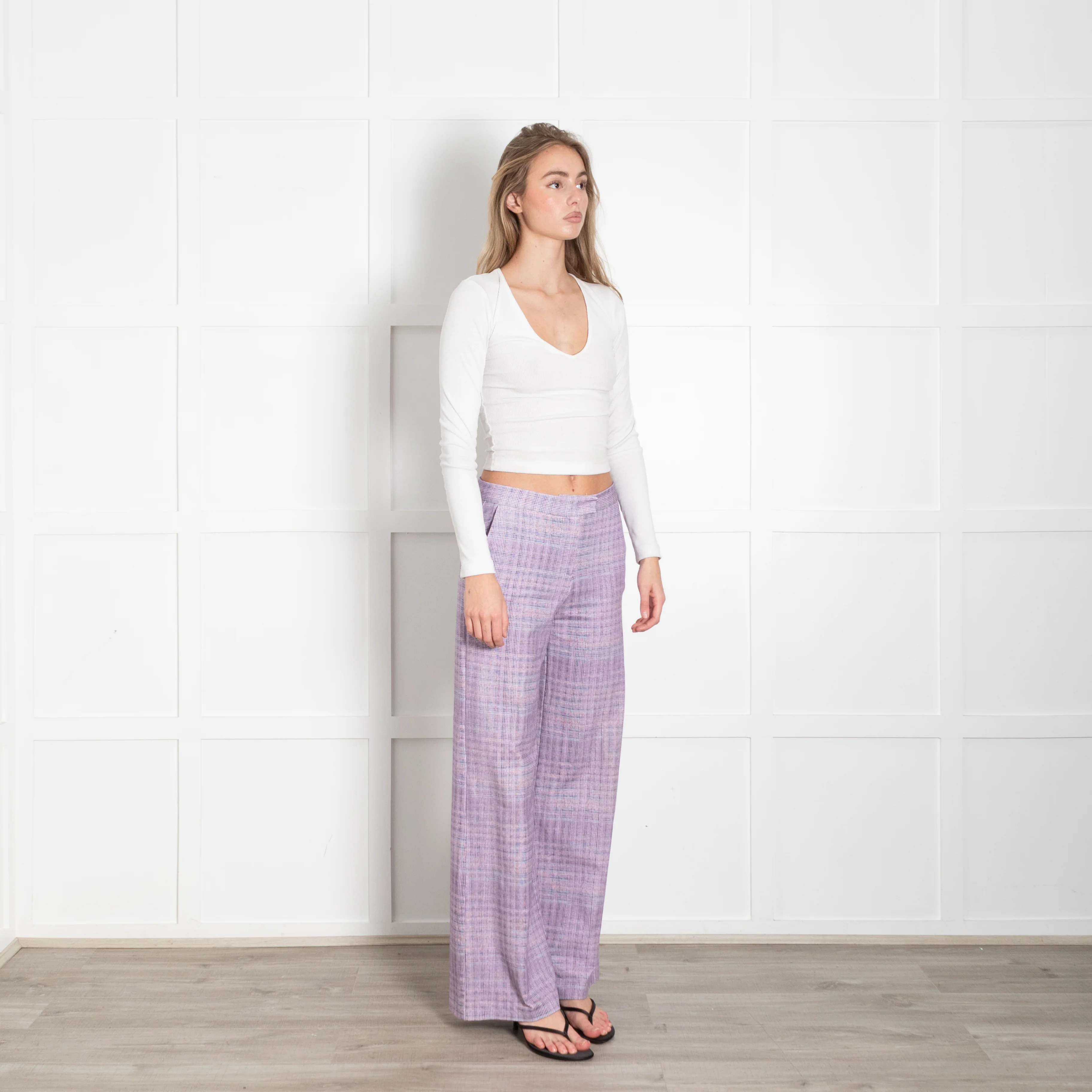 Goodmatch Lilac Check Jersey Flared Trousers - Image 7