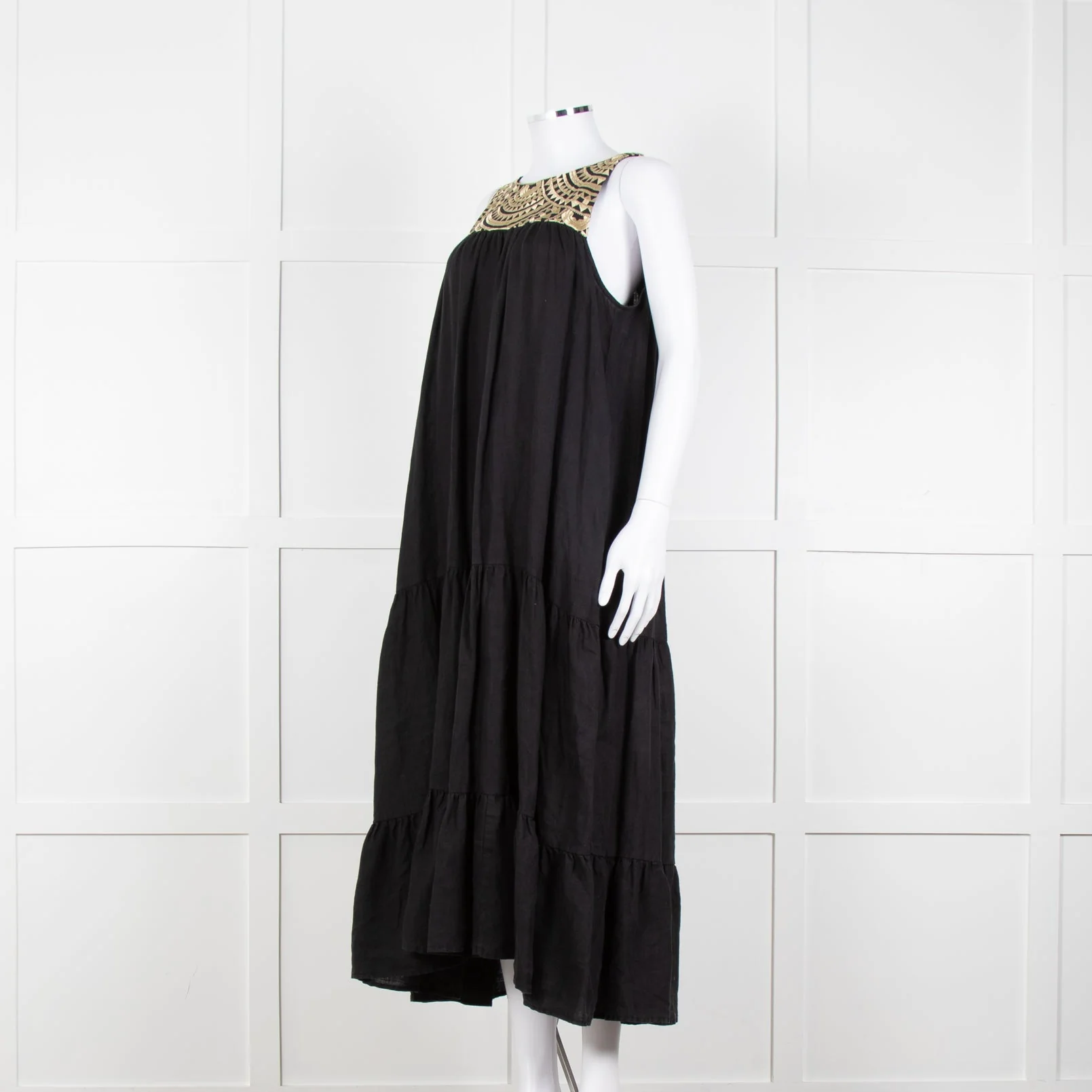 Greek Archaic Kori Black Sleeveless Maxi Dress With Gold Embroidered Bodice - Image 2