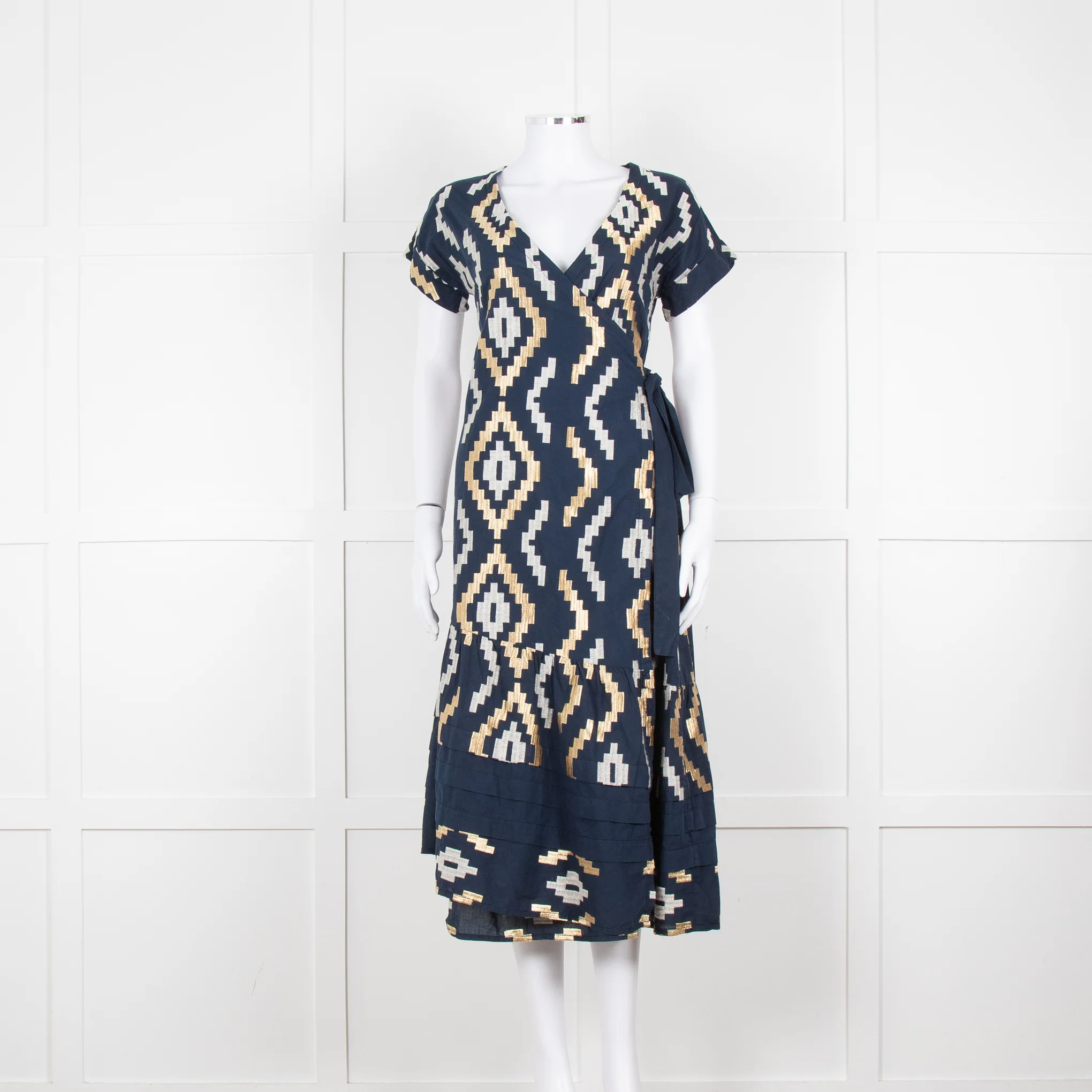 Greek Archaic Kori Navy Blue Gold Embroidered Wrap Dress