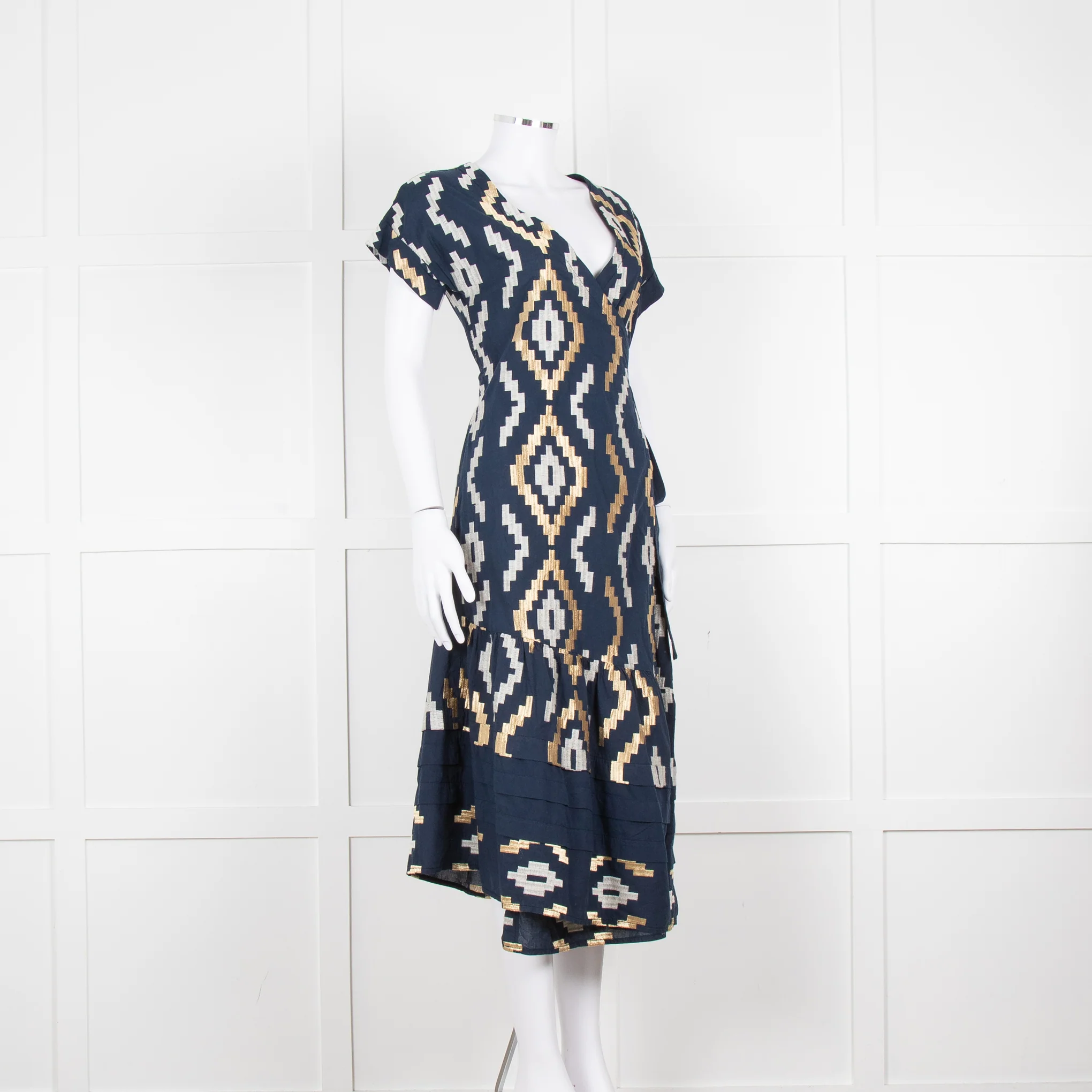 Greek Archaic Kori Navy Blue Gold Embroidered Wrap Dress - Image 2