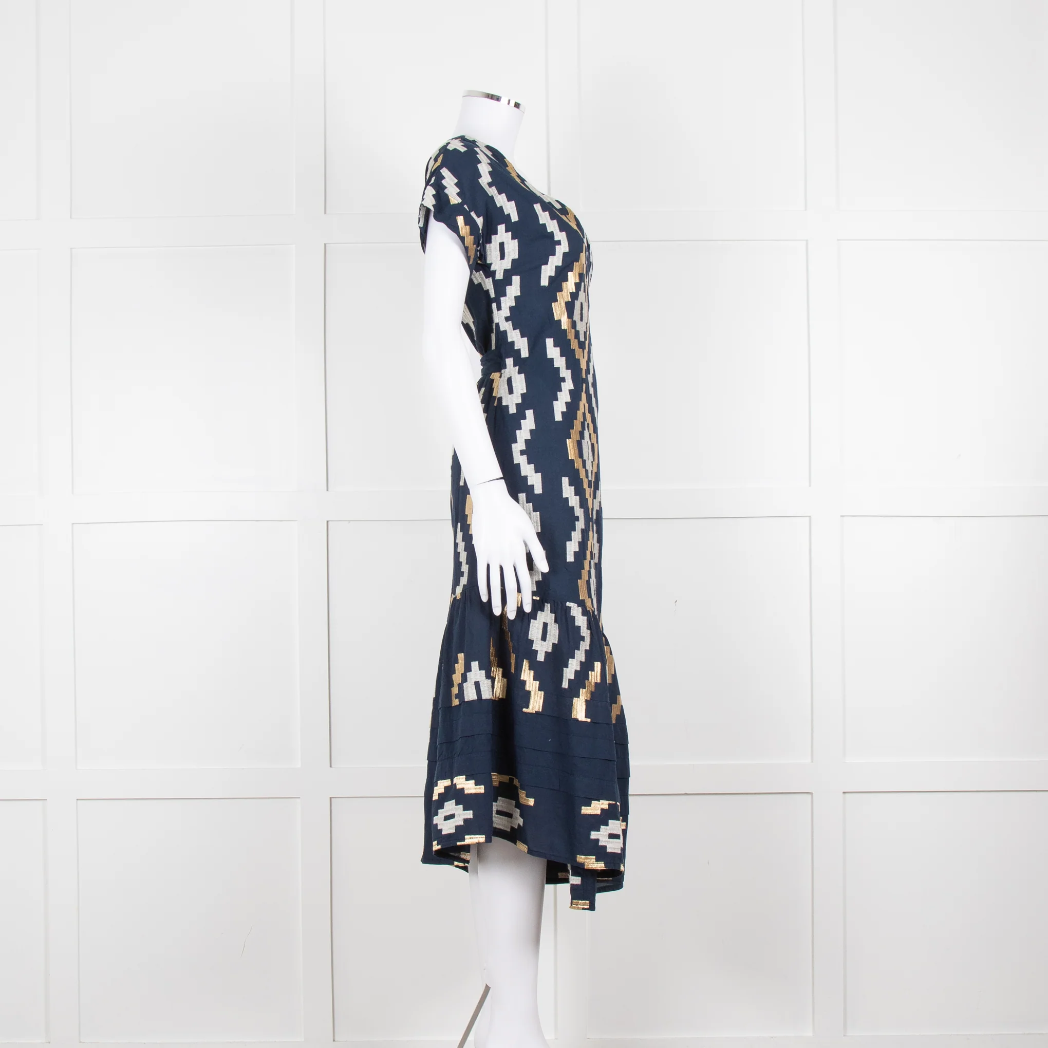 Greek Archaic Kori Navy Blue Gold Embroidered Wrap Dress - Image 3