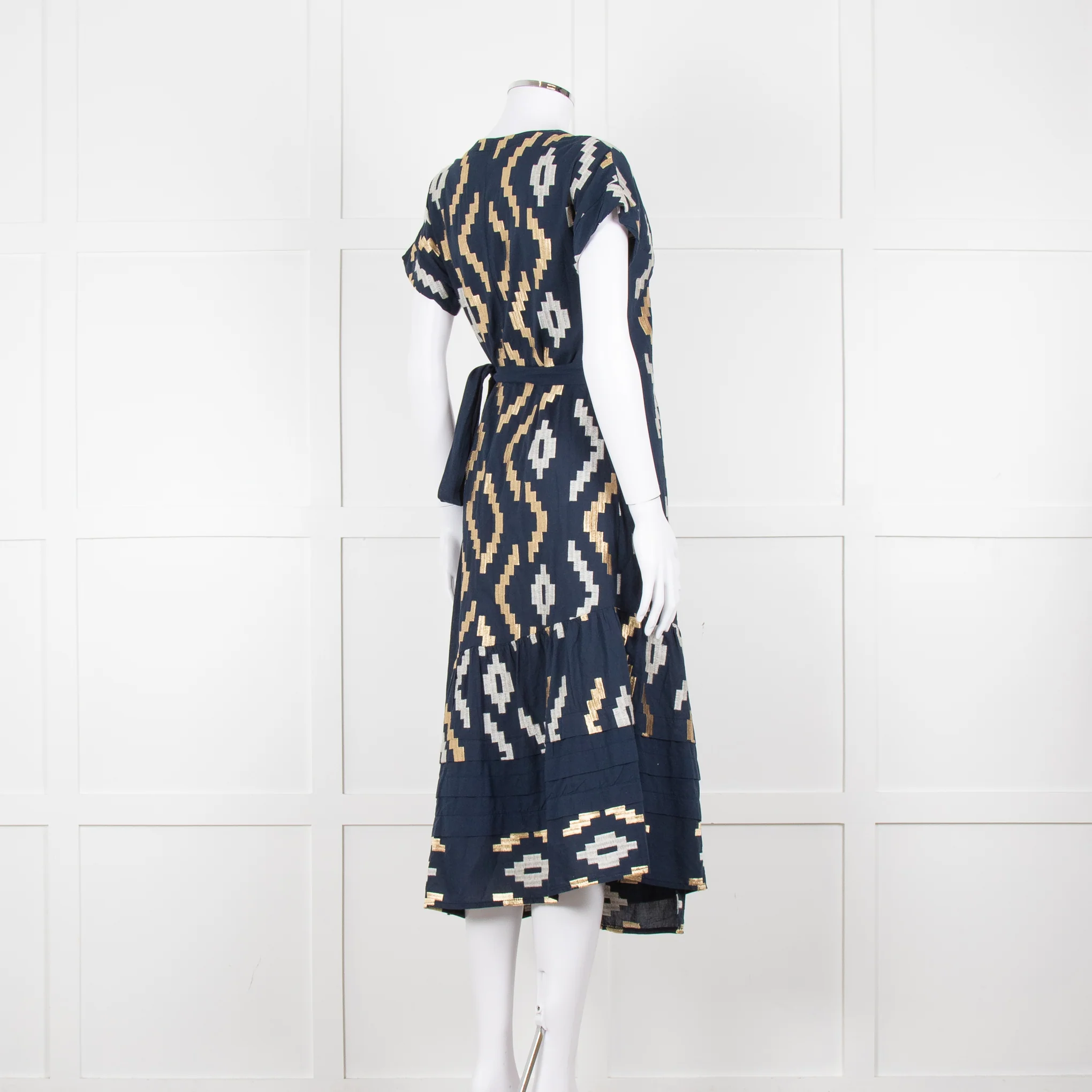 Greek Archaic Kori Navy Blue Gold Embroidered Wrap Dress - Image 4