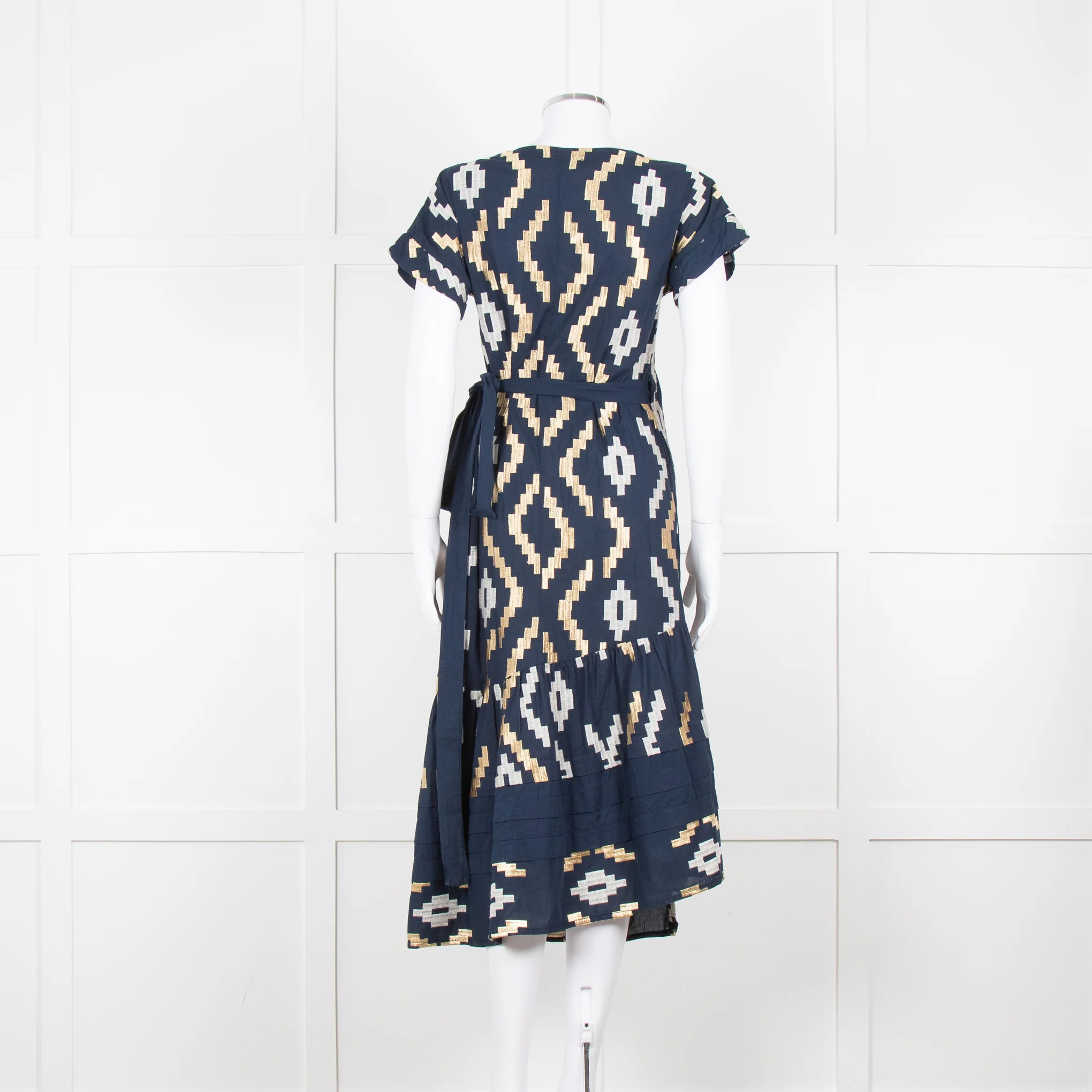 Greek Archaic Kori Navy Blue Gold Embroidered Wrap Dress - Image 5