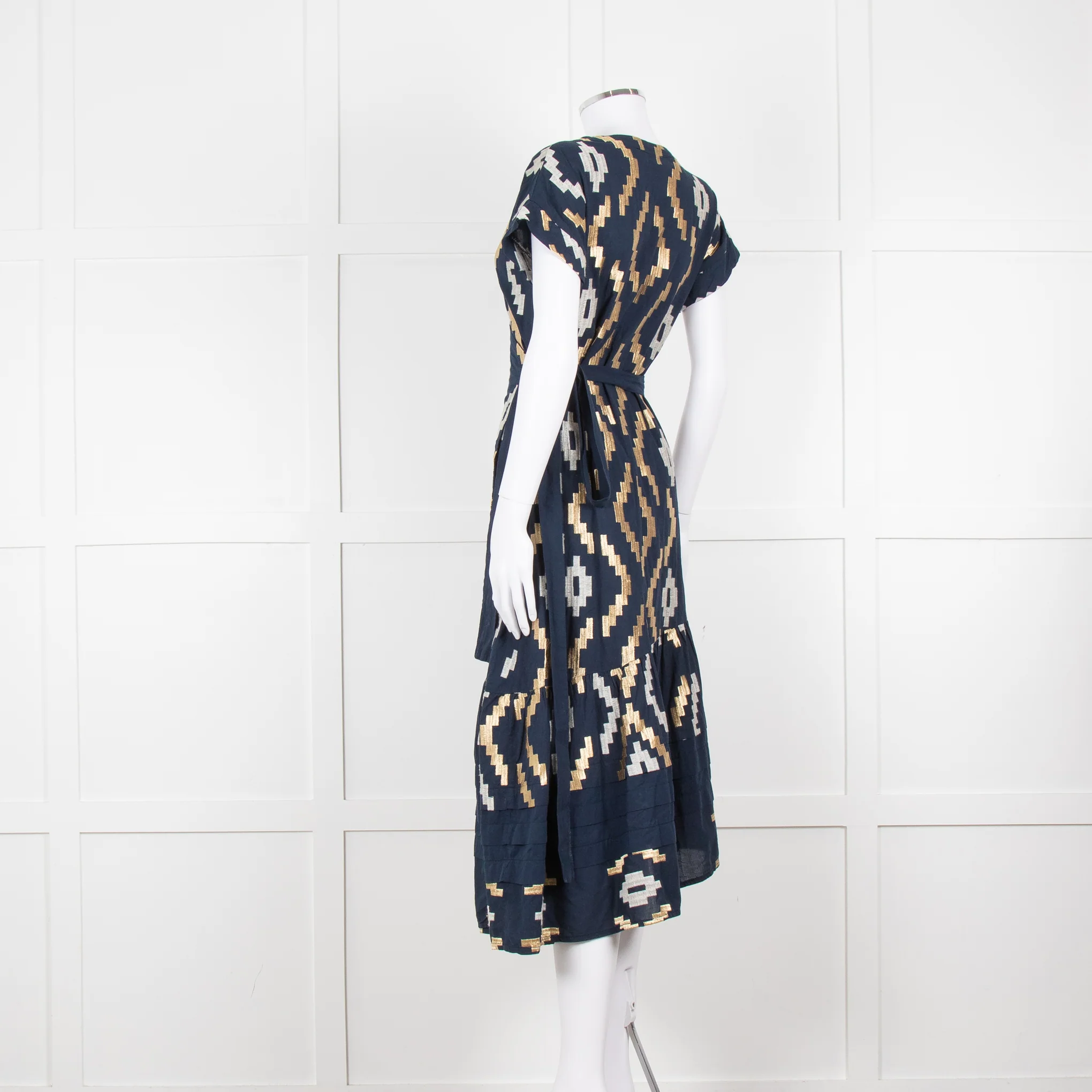 Greek Archaic Kori Navy Blue Gold Embroidered Wrap Dress - Image 6