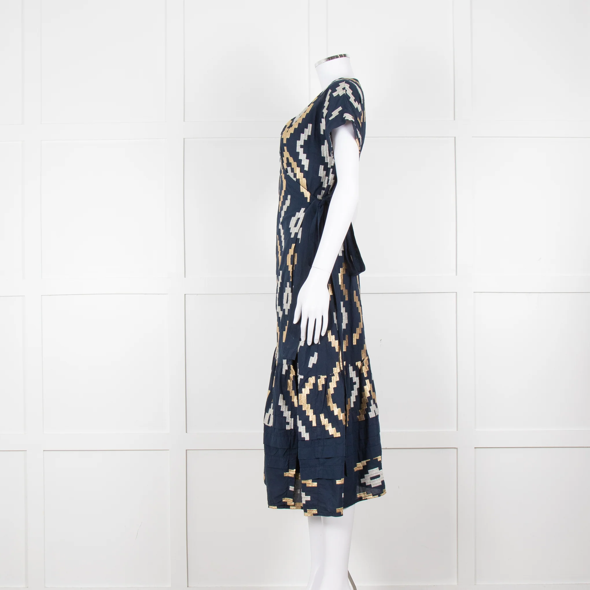 Greek Archaic Kori Navy Blue Gold Embroidered Wrap Dress - Image 7
