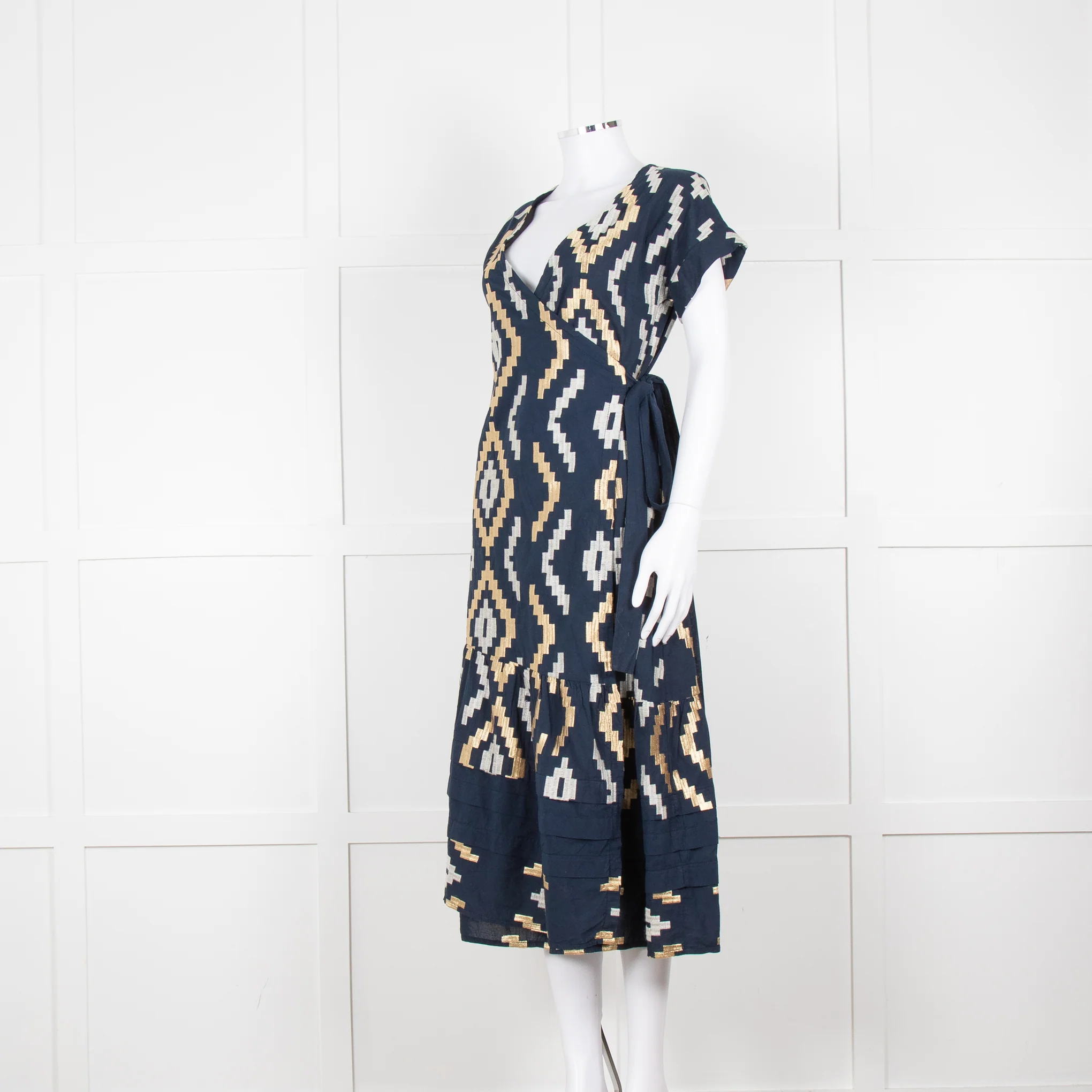 Greek Archaic Kori Navy Blue Gold Embroidered Wrap Dress - Image 8