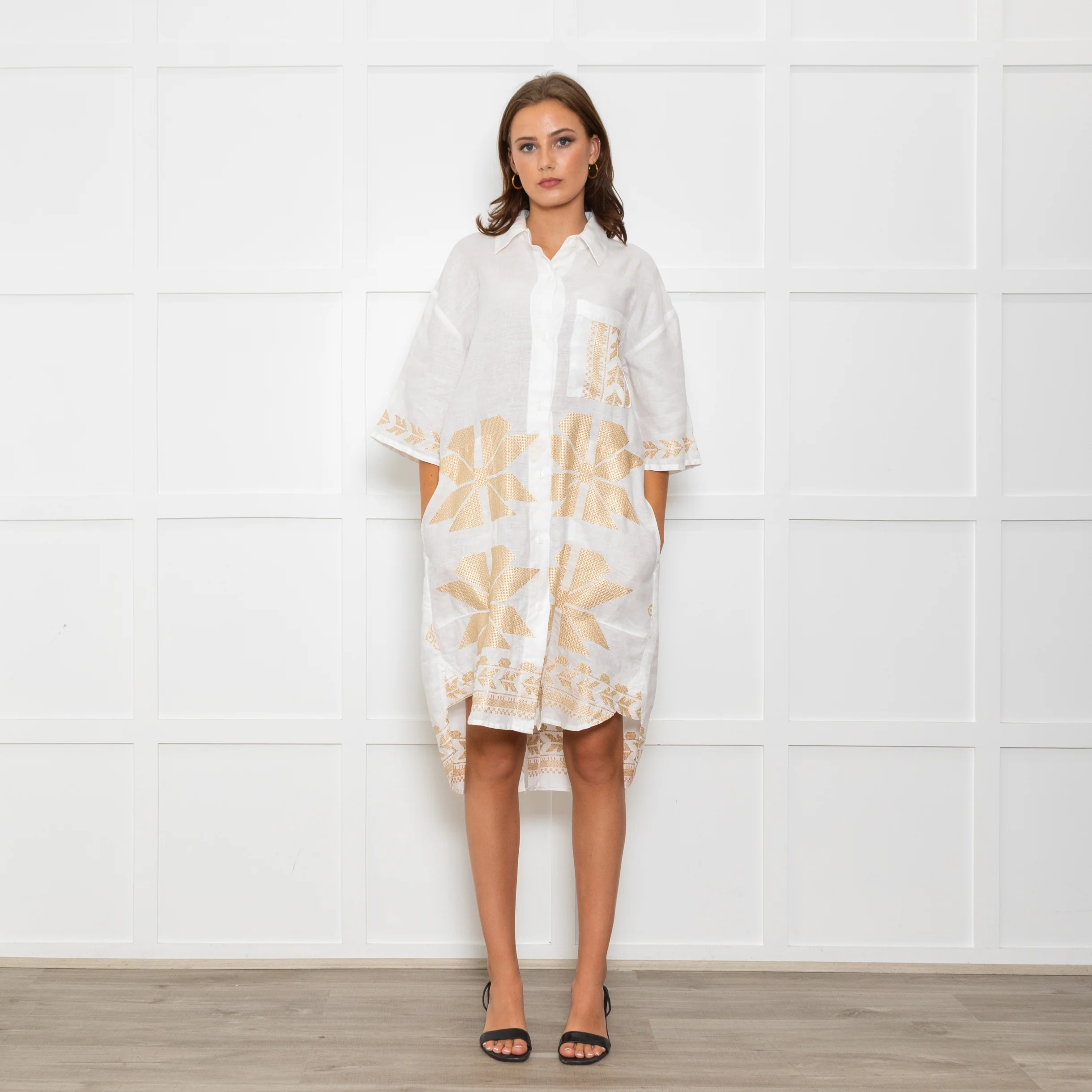 Greek Archaic Kori White Linen Shirt Dress With Gold Tribal Embroidery