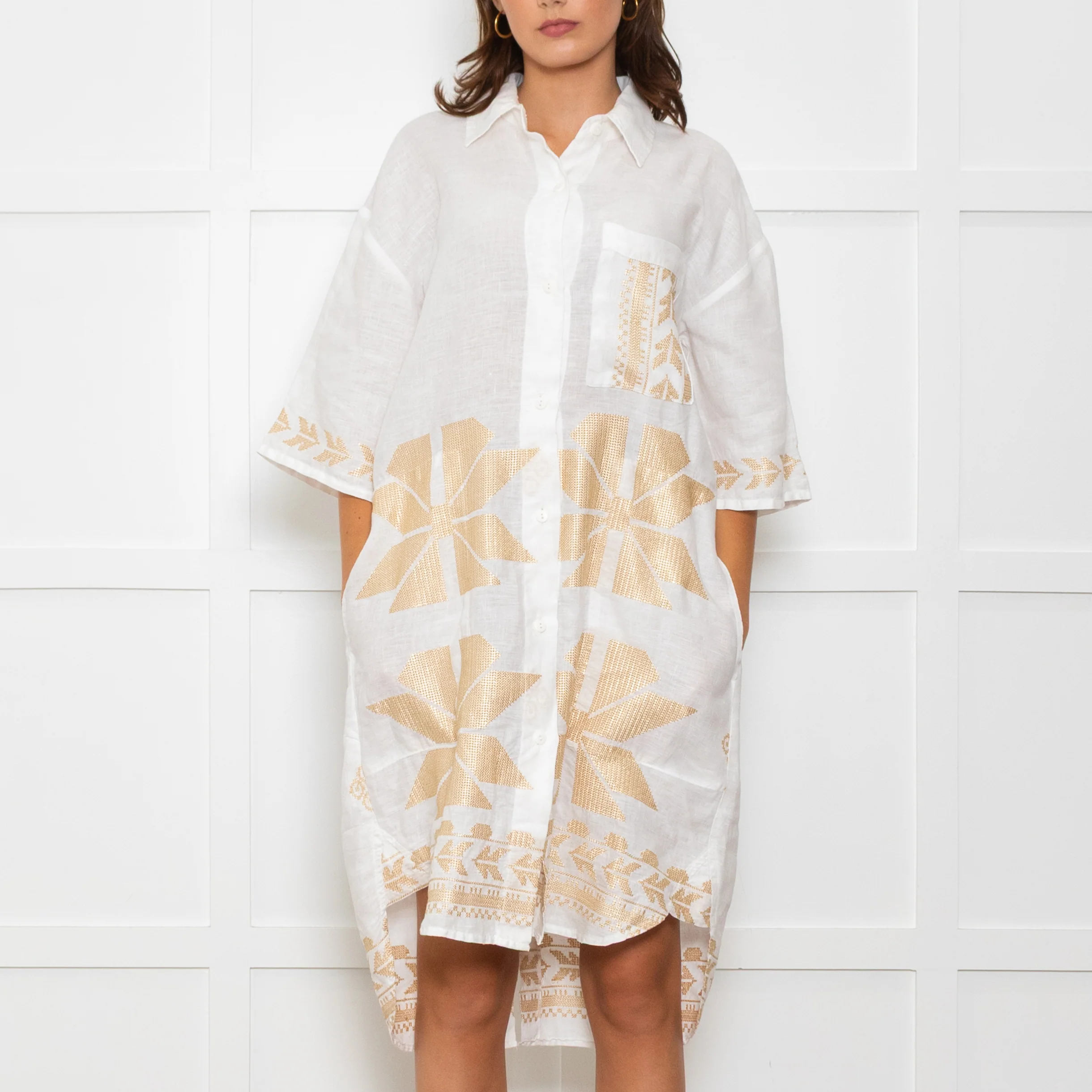 Greek Archaic Kori White Linen Shirt Dress With Gold Tribal Embroidery - Image 2