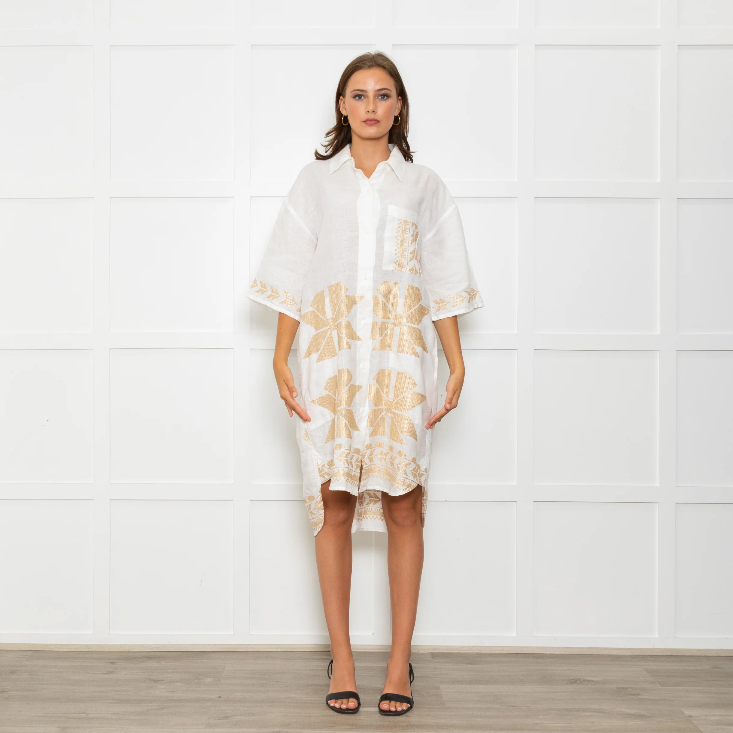 Greek Archaic Kori White Linen Shirt Dress With Gold Tribal Embroidery - Image 3