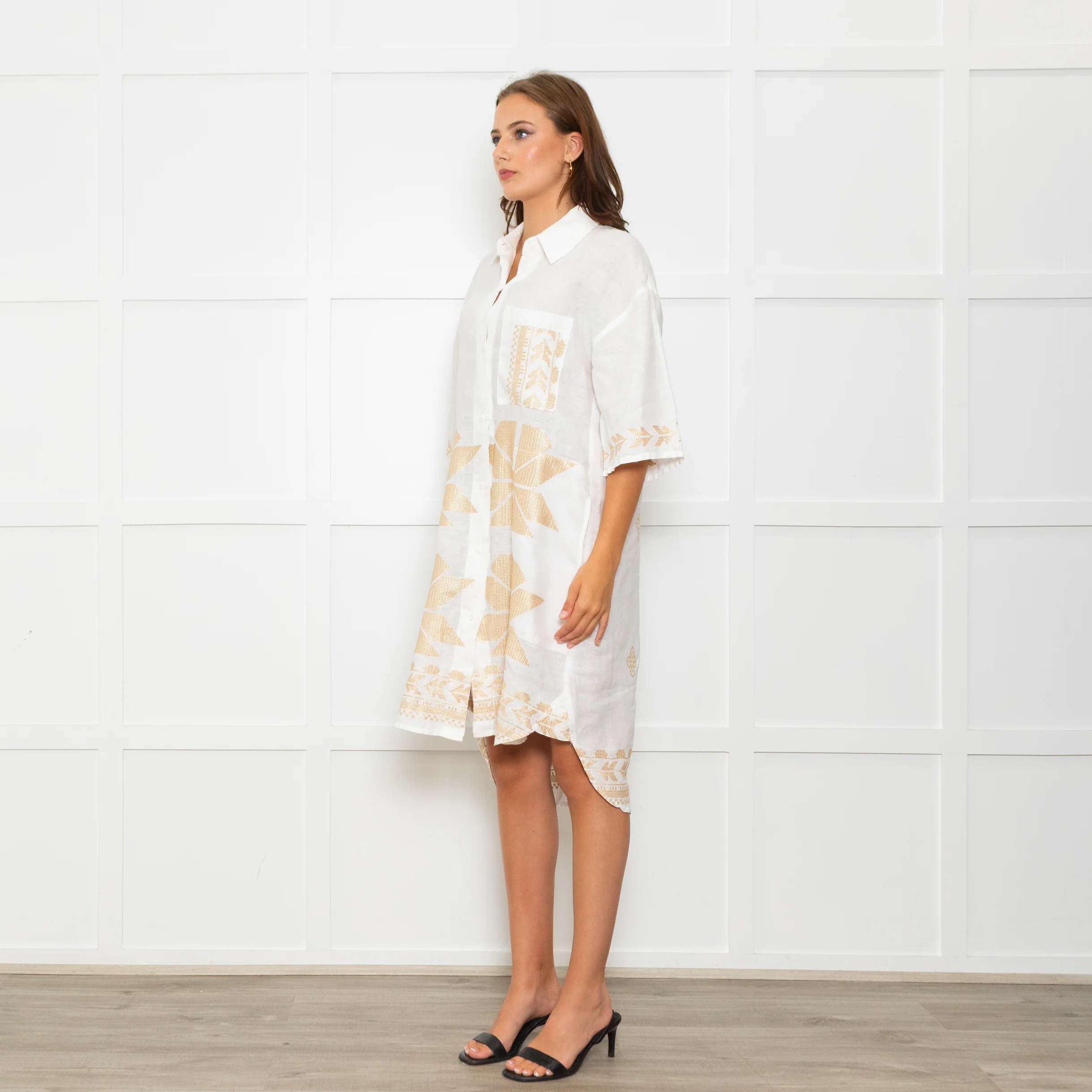Greek Archaic Kori White Linen Shirt Dress With Gold Tribal Embroidery - Image 4