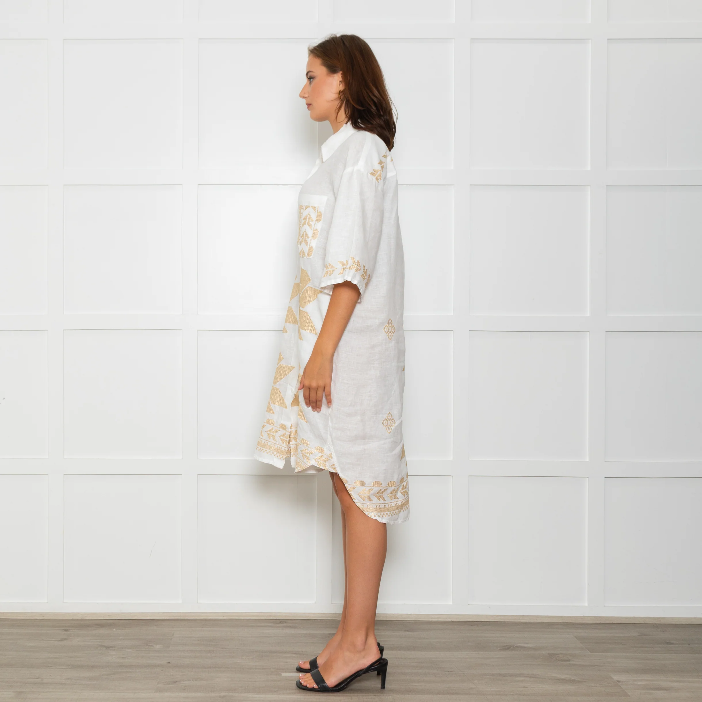 Greek Archaic Kori White Linen Shirt Dress With Gold Tribal Embroidery - Image 5
