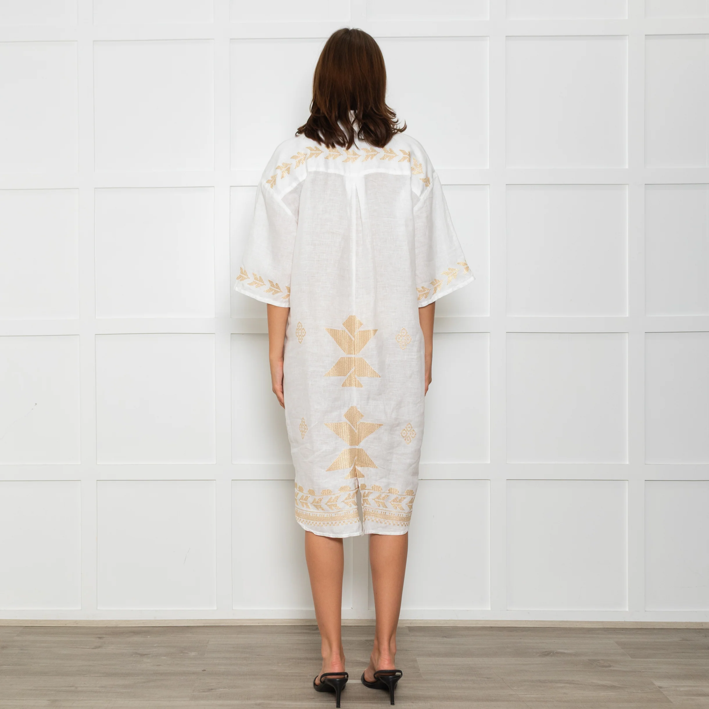 Greek Archaic Kori White Linen Shirt Dress With Gold Tribal Embroidery - Image 6