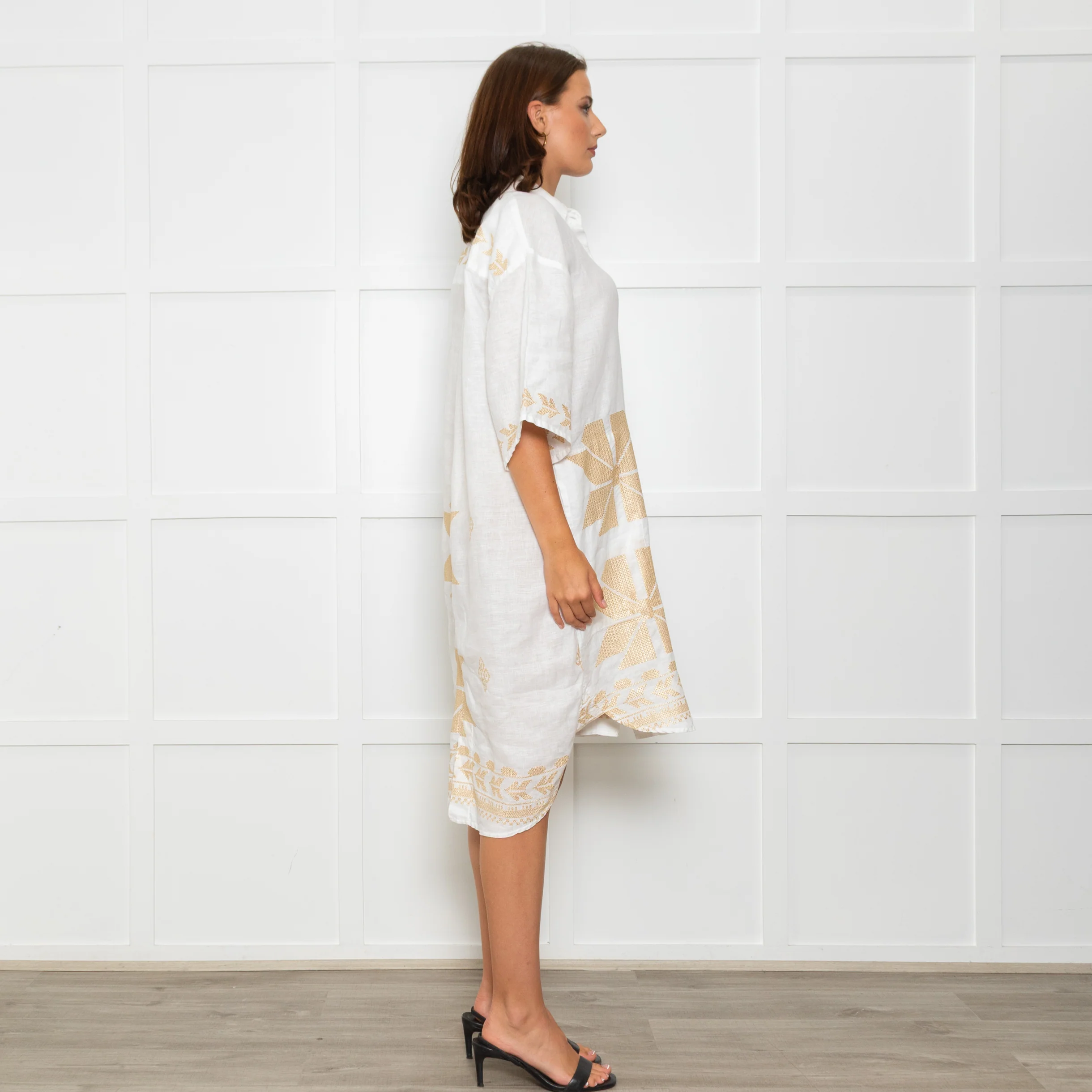 Greek Archaic Kori White Linen Shirt Dress With Gold Tribal Embroidery - Image 7
