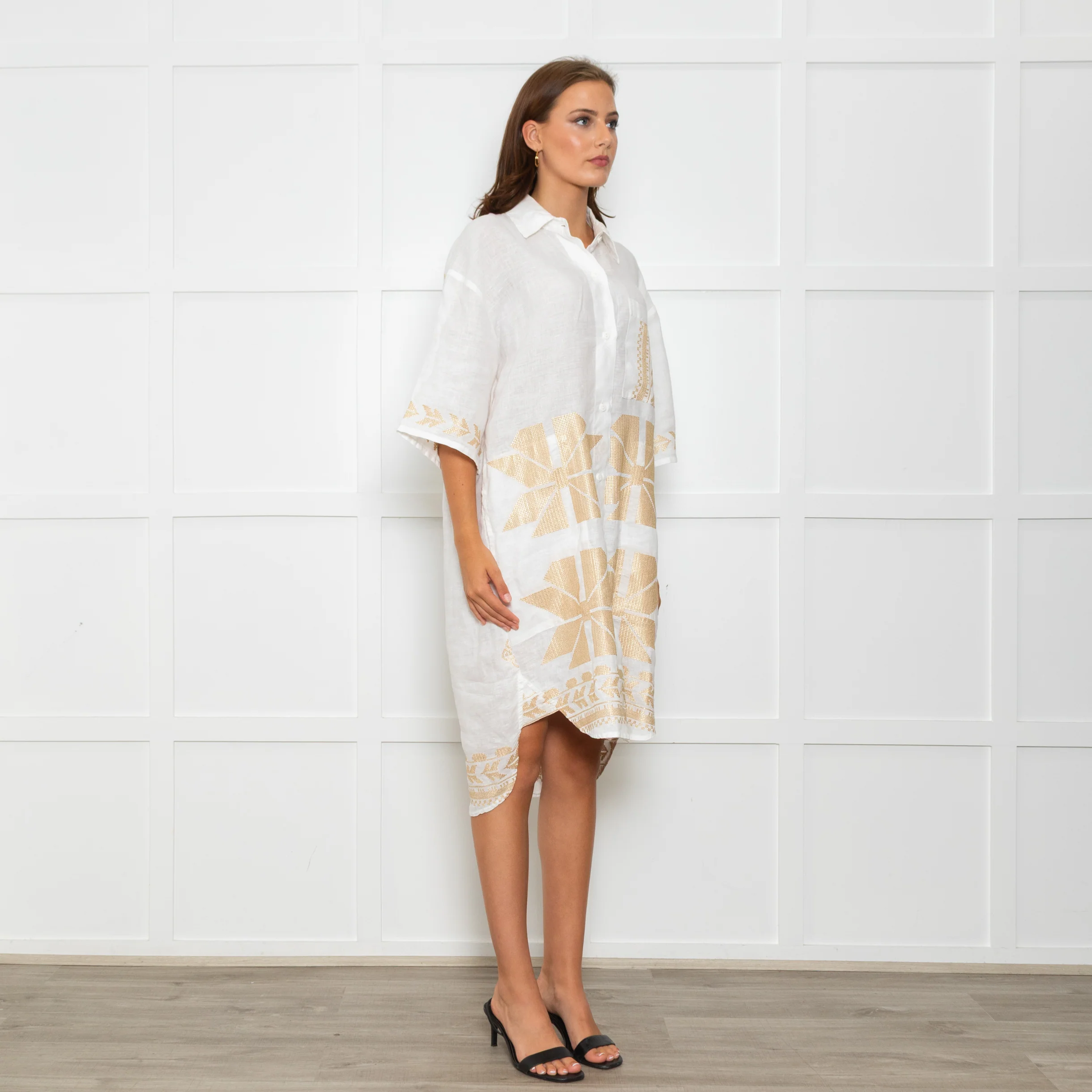 Greek Archaic Kori White Linen Shirt Dress With Gold Tribal Embroidery - Image 8