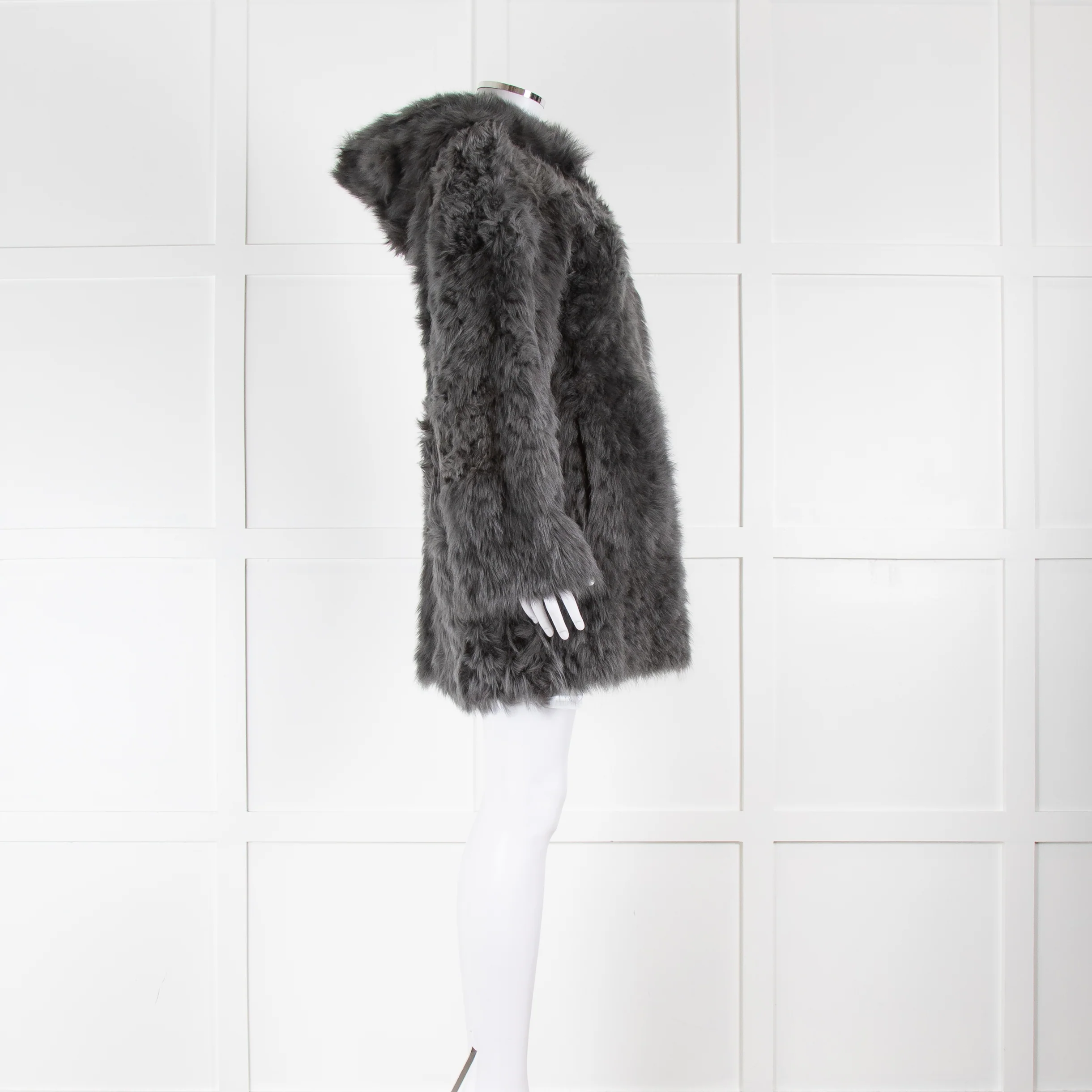 DROMe Grey Shaggy Fur Coat With Hood - Image 3