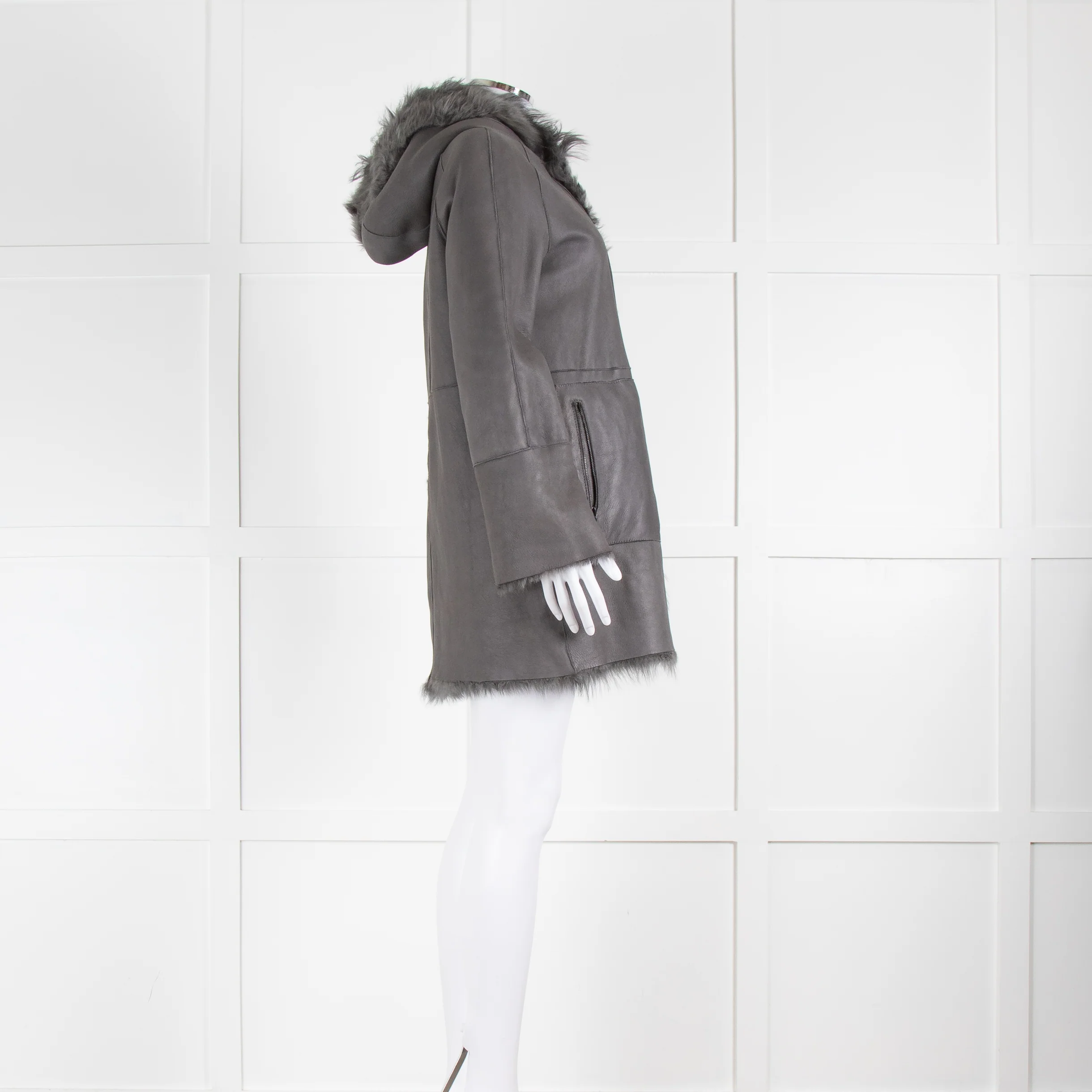DROMe Grey Shaggy Fur Coat With Hood - Image 4