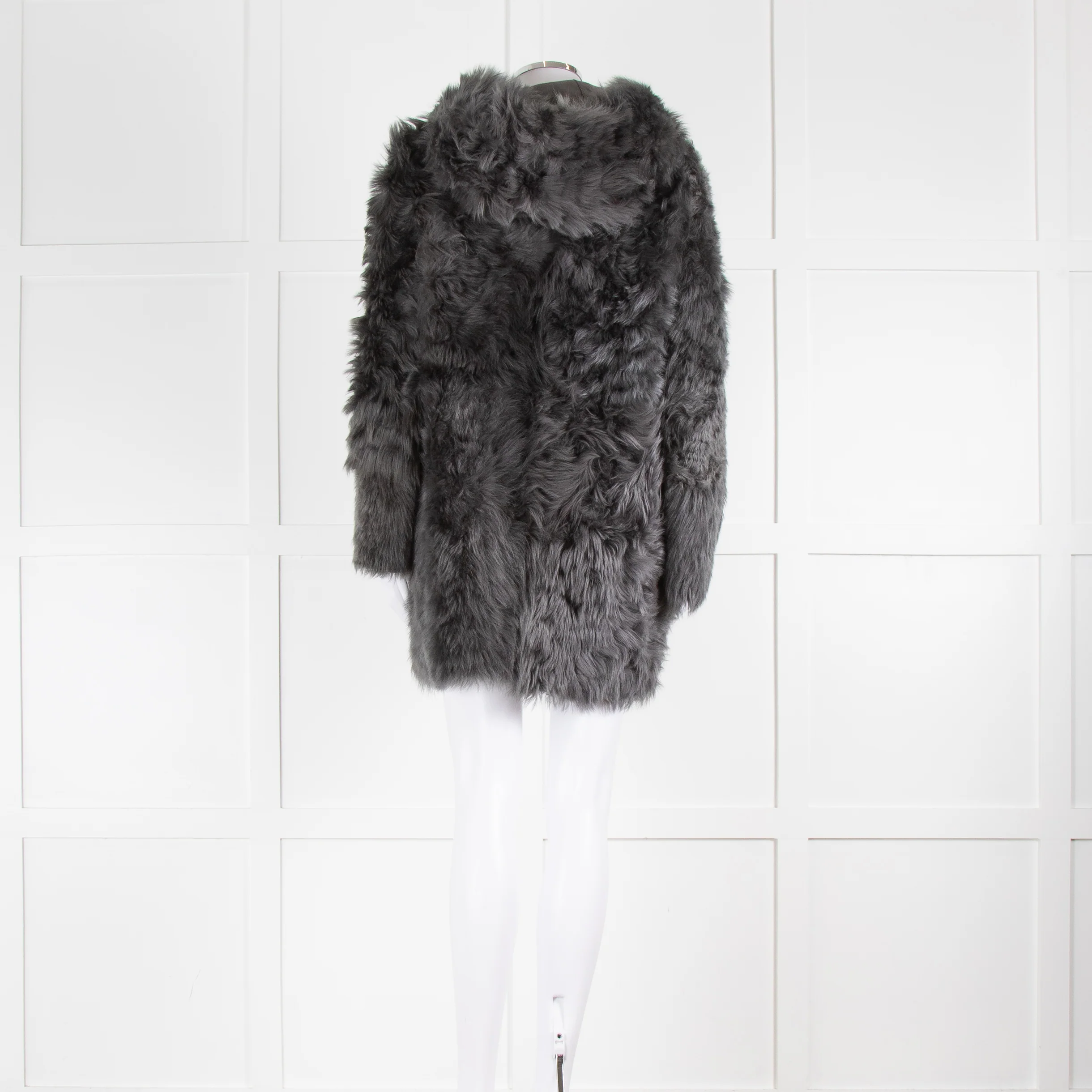 DROMe Grey Shaggy Fur Coat With Hood - Image 5