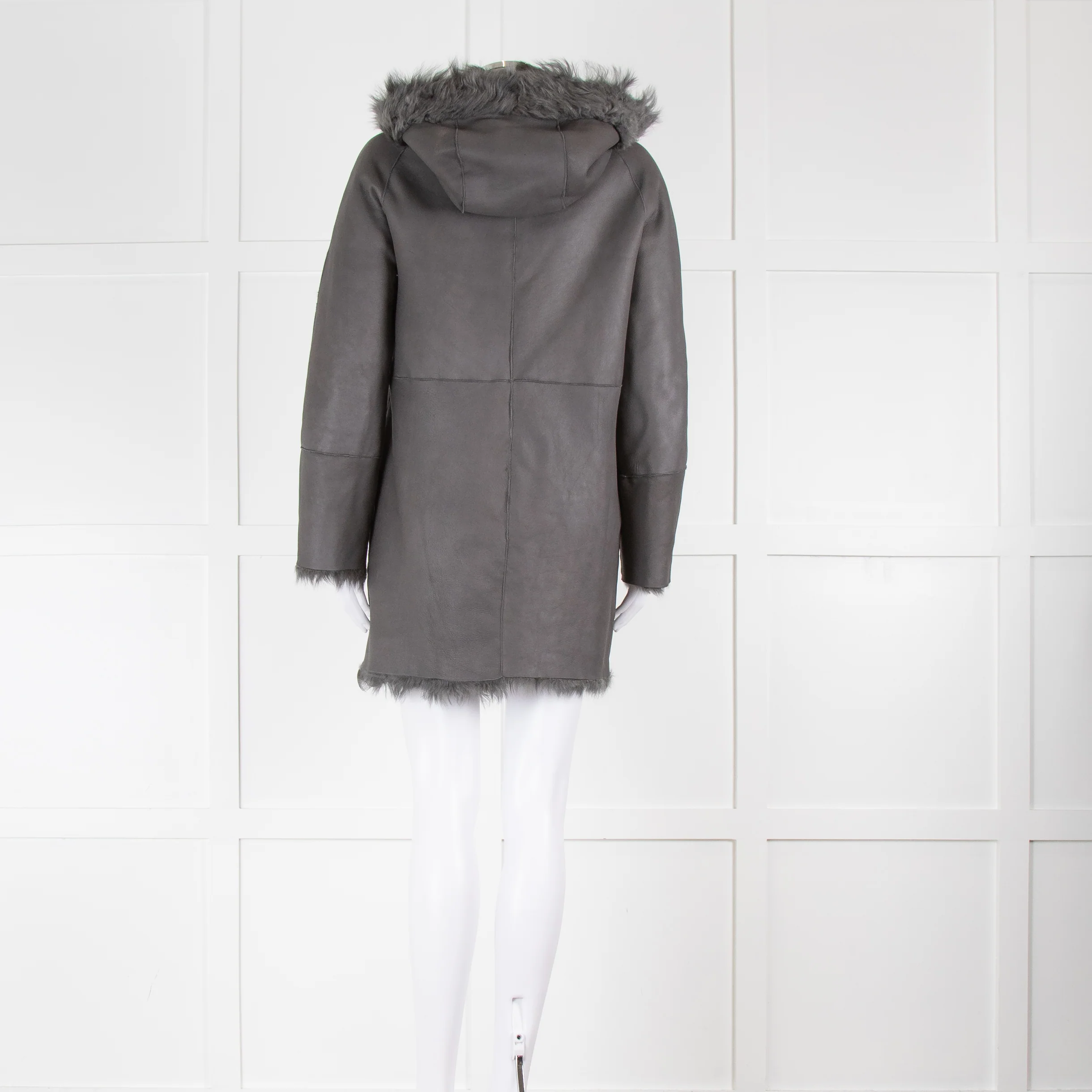 DROMe Grey Shaggy Fur Coat With Hood - Image 6