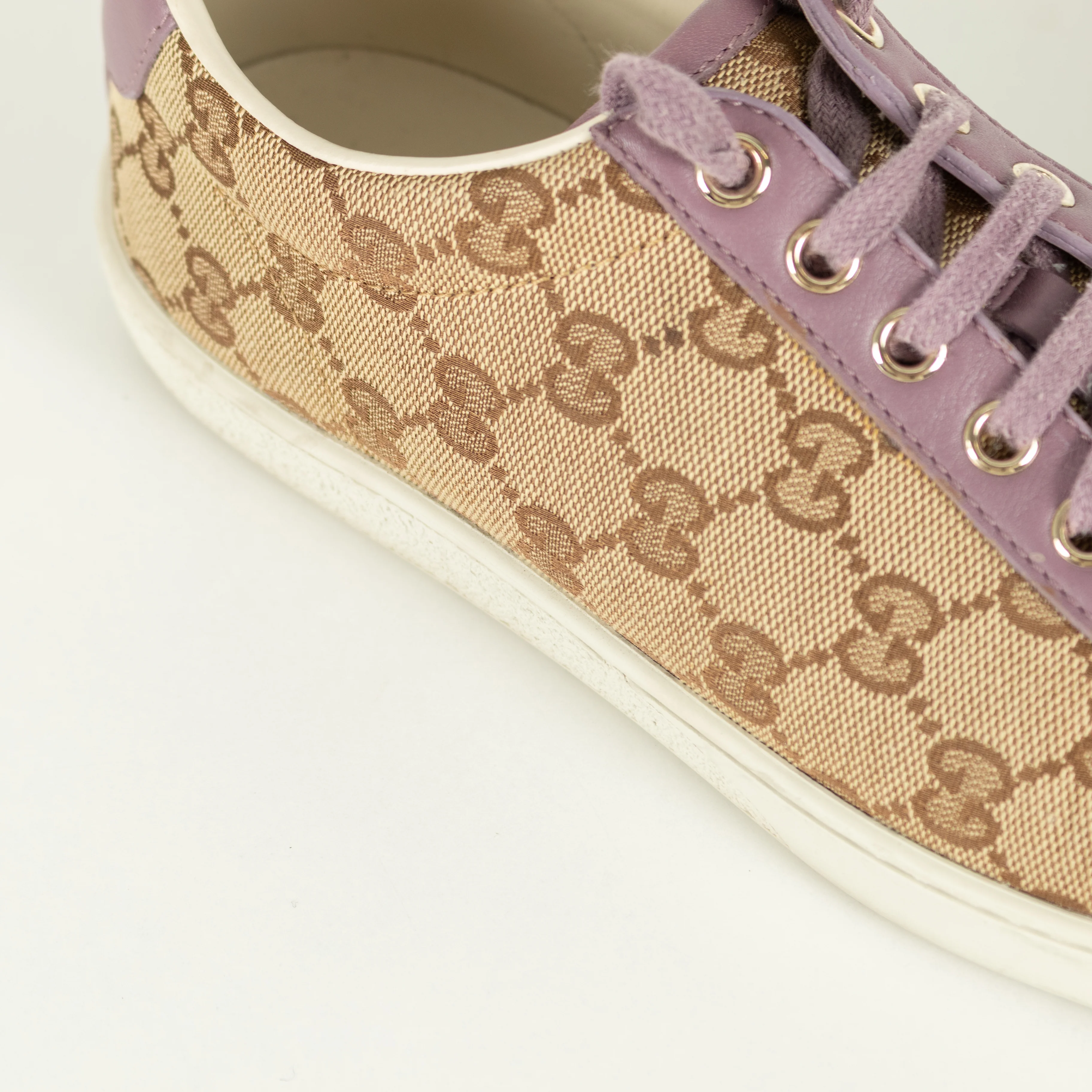 Gucci Beige Canvas Purple Trim Leather Guccissima Low Top Trainers - Image 11