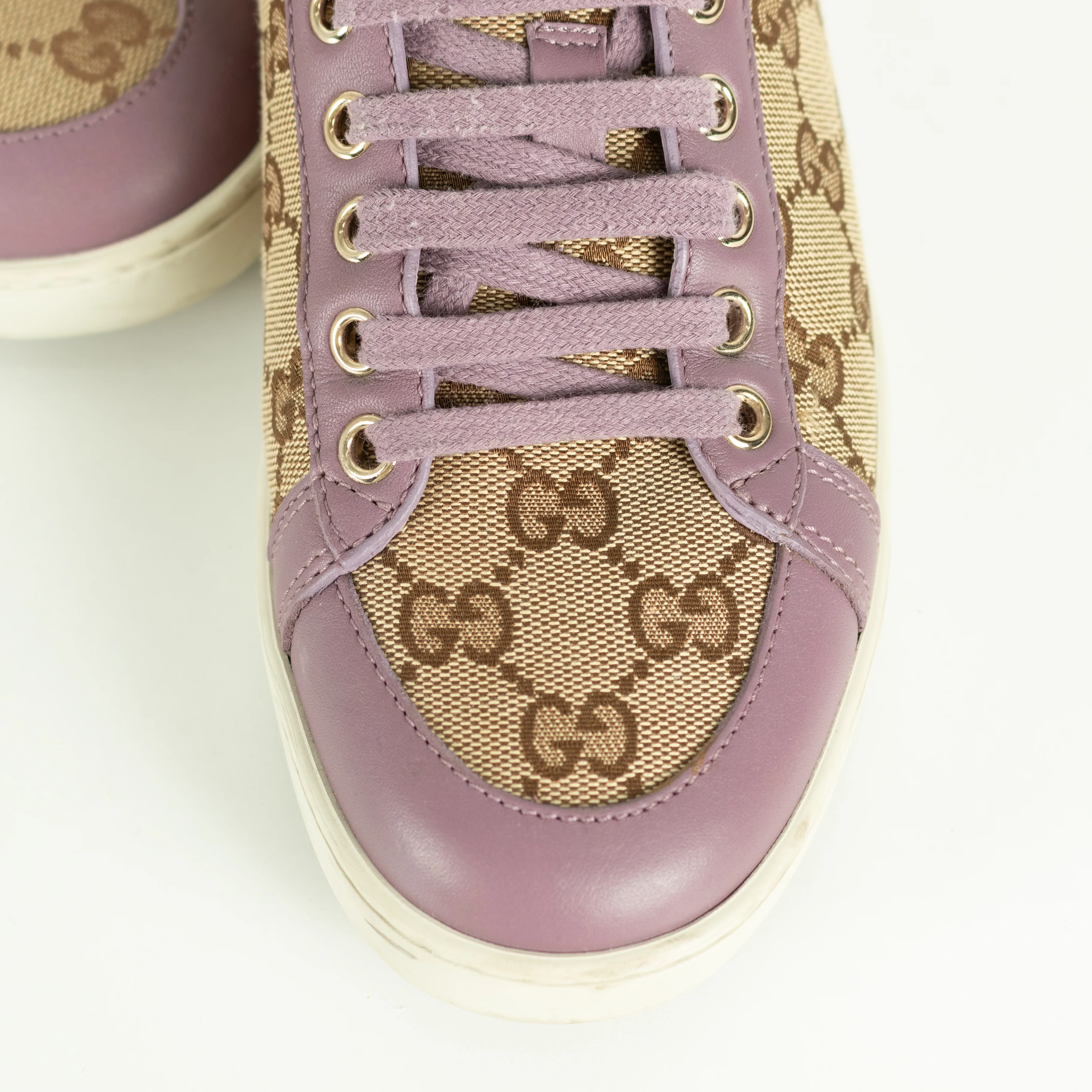 Gucci Beige Canvas Purple Trim Leather Guccissima Low Top Trainers - Image 12
