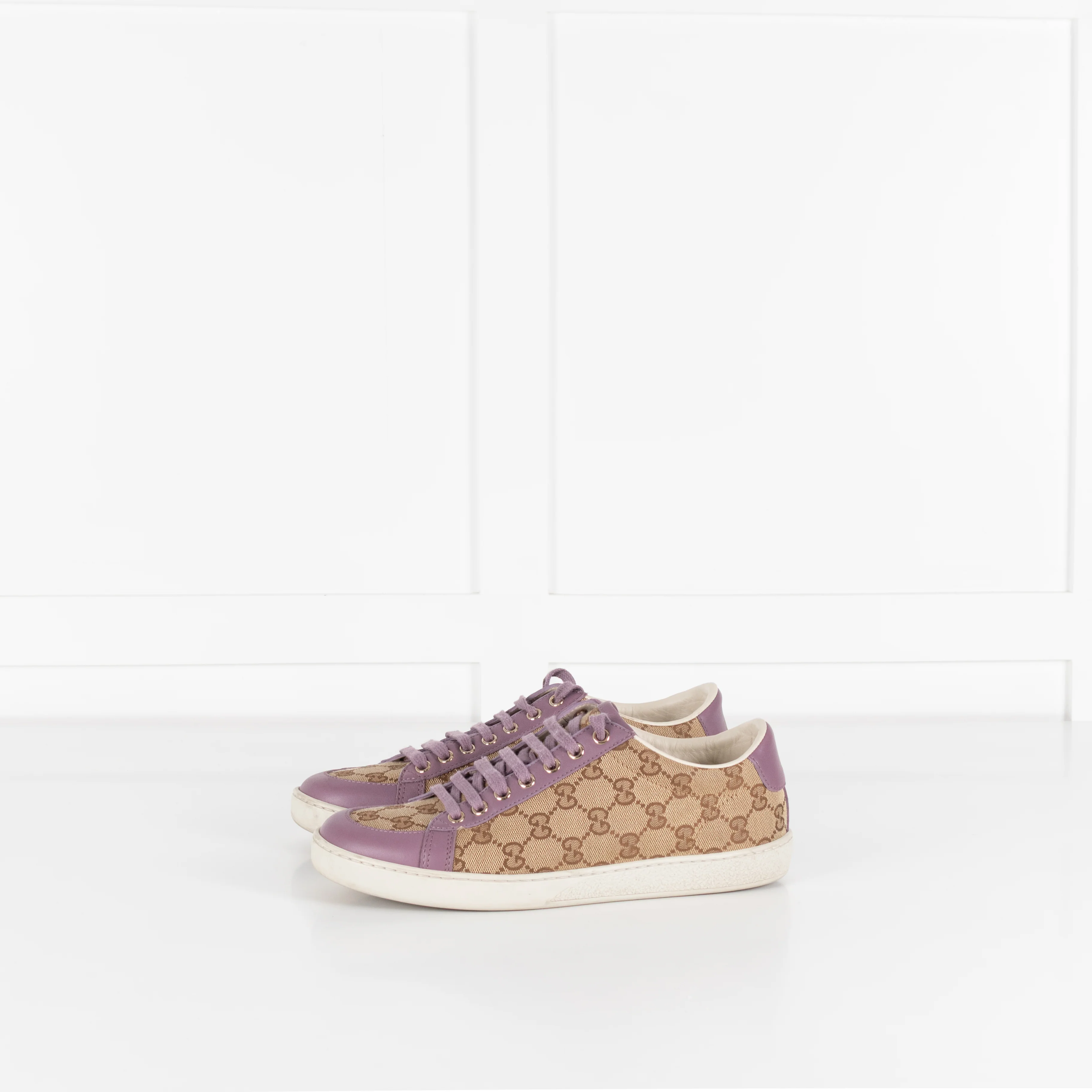 Gucci Beige Canvas Purple Trim Leather Guccissima Low Top Trainers - Image 3
