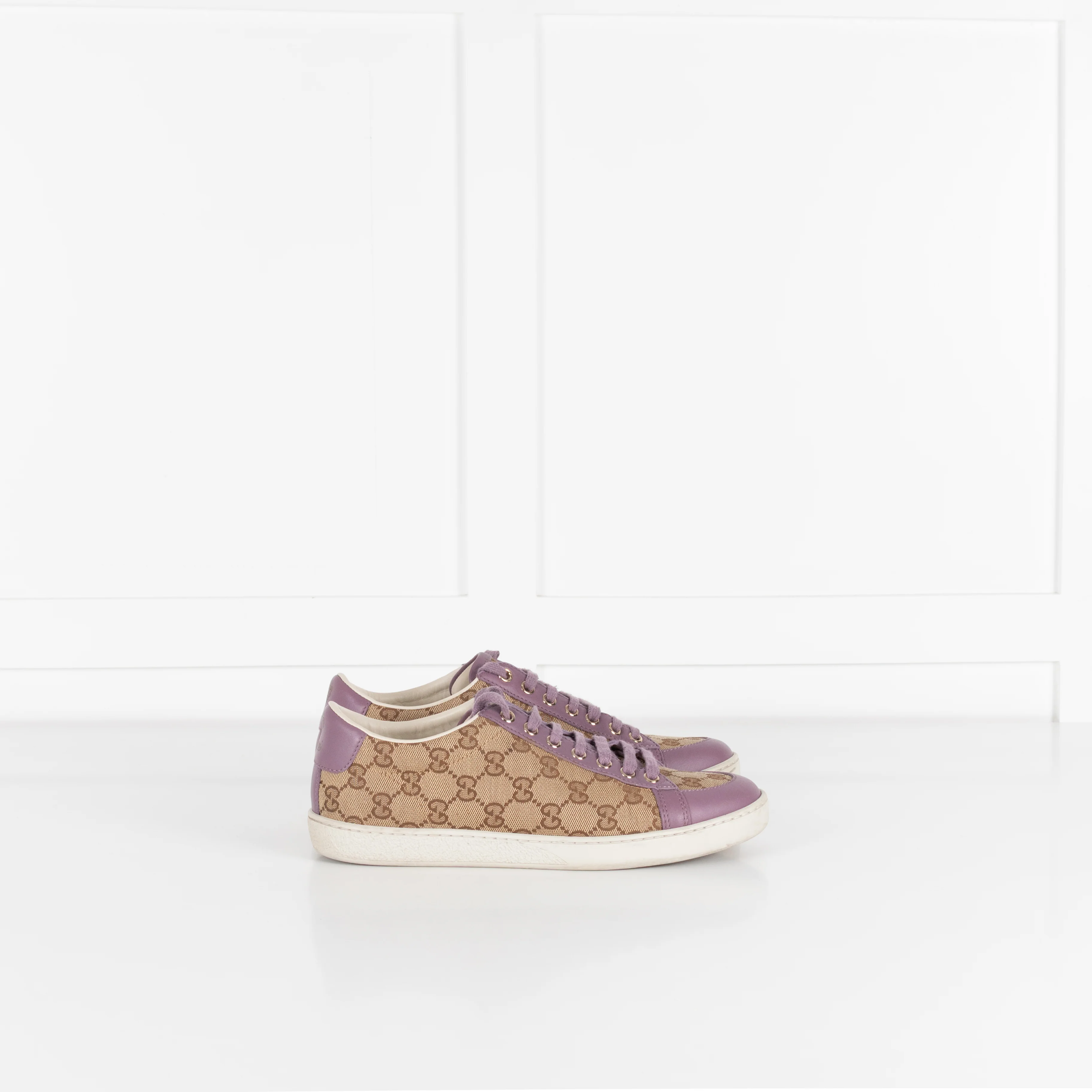 Gucci Beige Canvas Purple Trim Leather Guccissima Low Top Trainers - Image 5