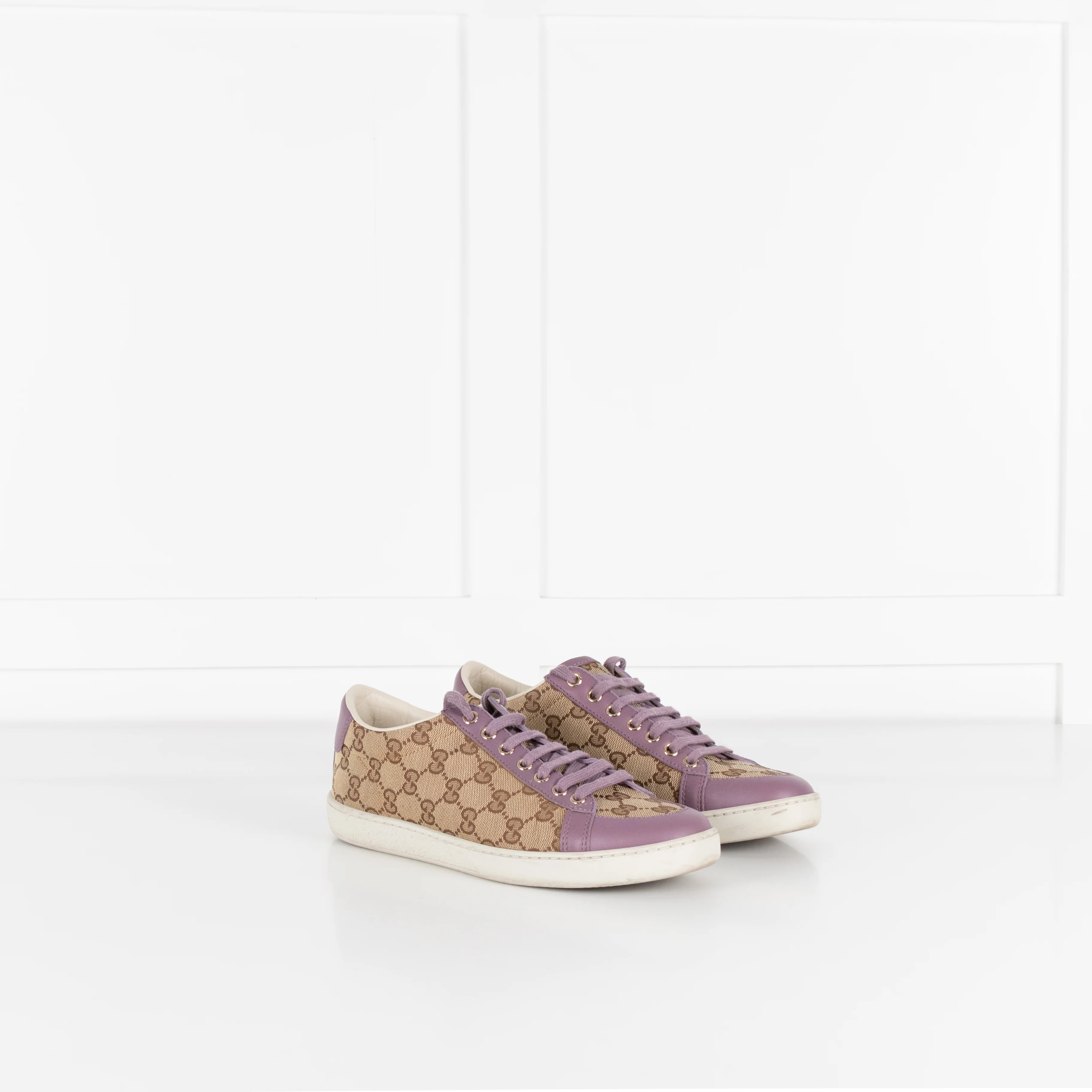 Gucci Beige Canvas Purple Trim Leather Guccissima Low Top Trainers - Image 6
