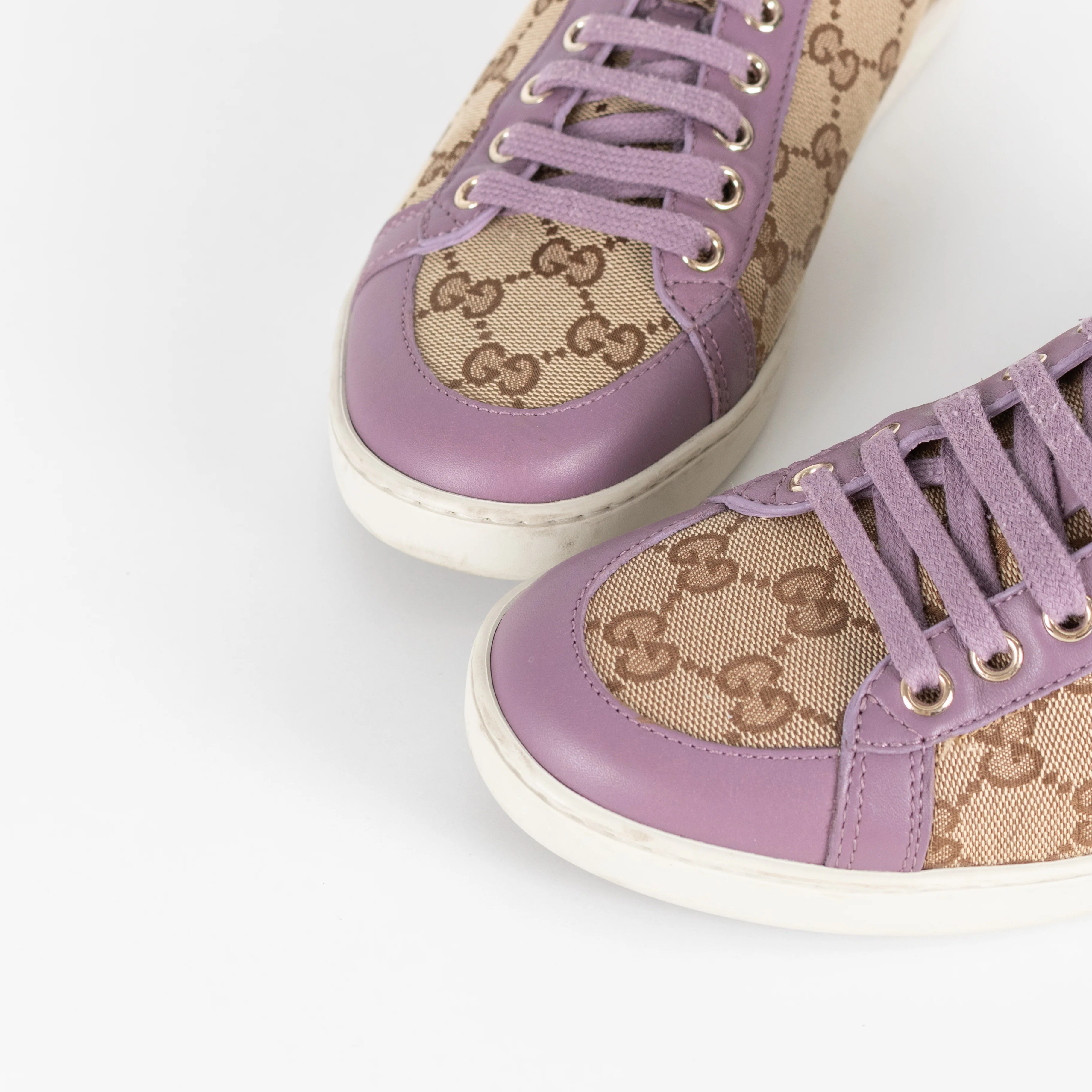 Gucci Beige Canvas Purple Trim Leather Guccissima Low Top Trainers - Image 8